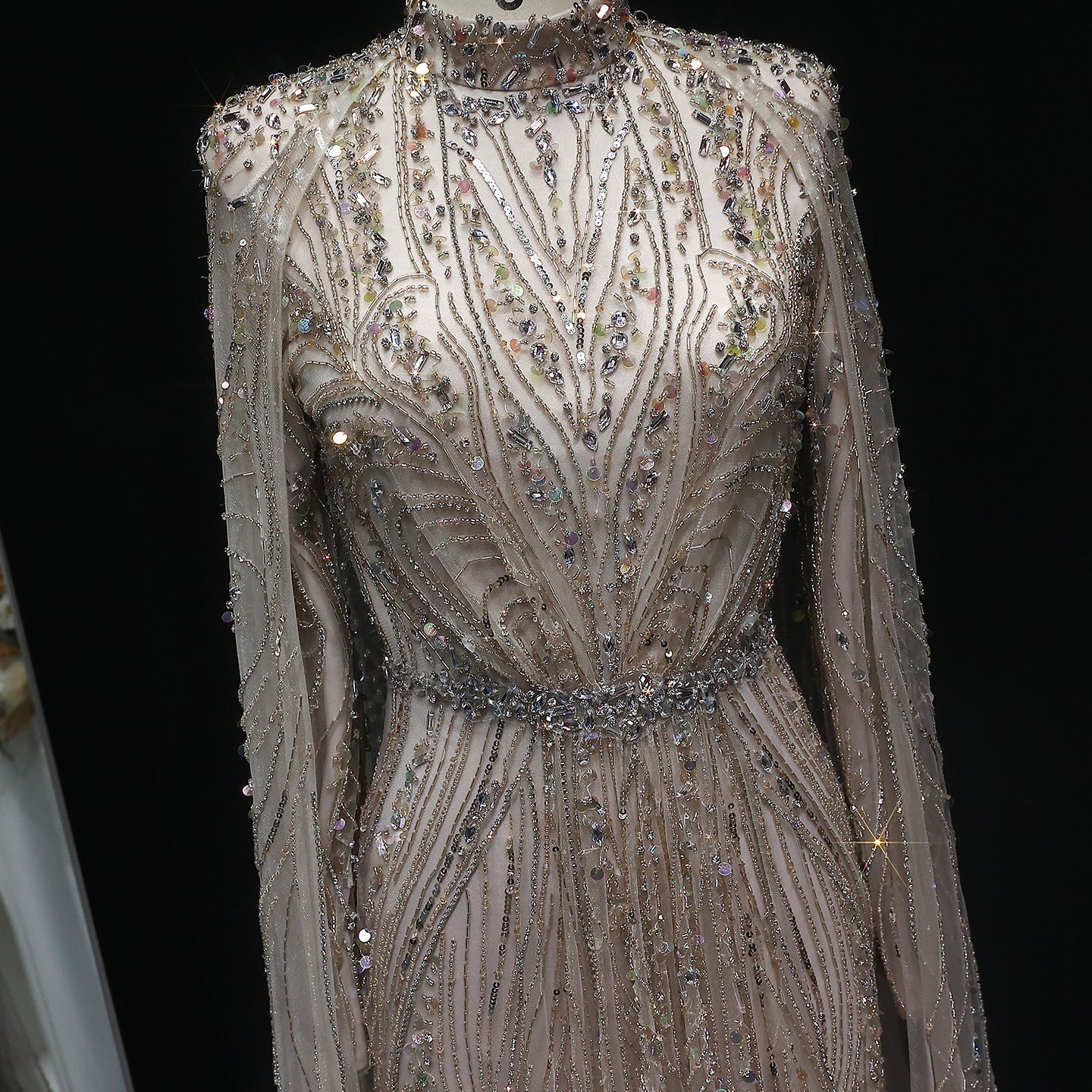 Luxury Champagne Long Sleeve High Neck Evening Dress with Cape SS366