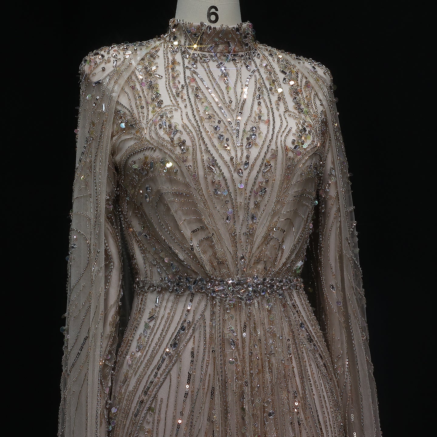 Luxury Champagne Long Sleeve High Neck Evening Dress with Cape SS366