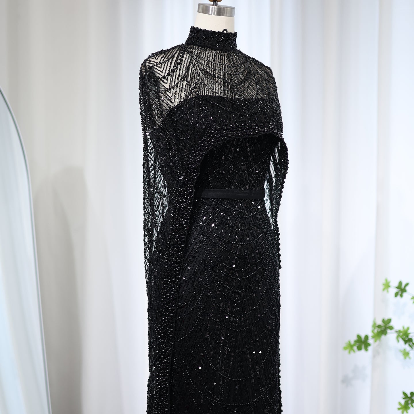 Luxury Pearls Champagne Evening Dress with Cape SS369