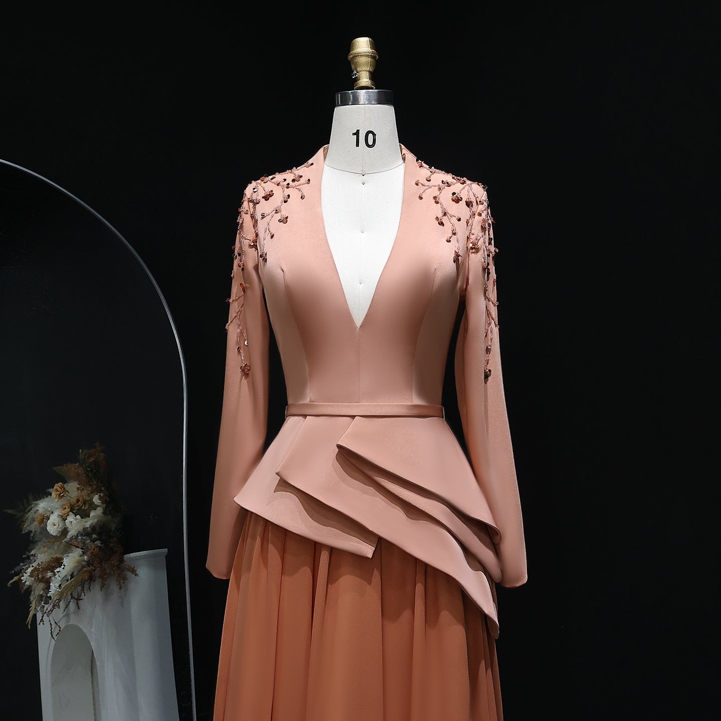 Elegant Crystal Orange Evening Dress with Long Sleeves SS216