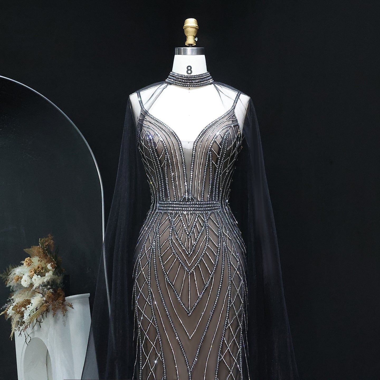 Sparkle Crystal Blue Mermaid Evening Dress with Cape Sleeves SS043