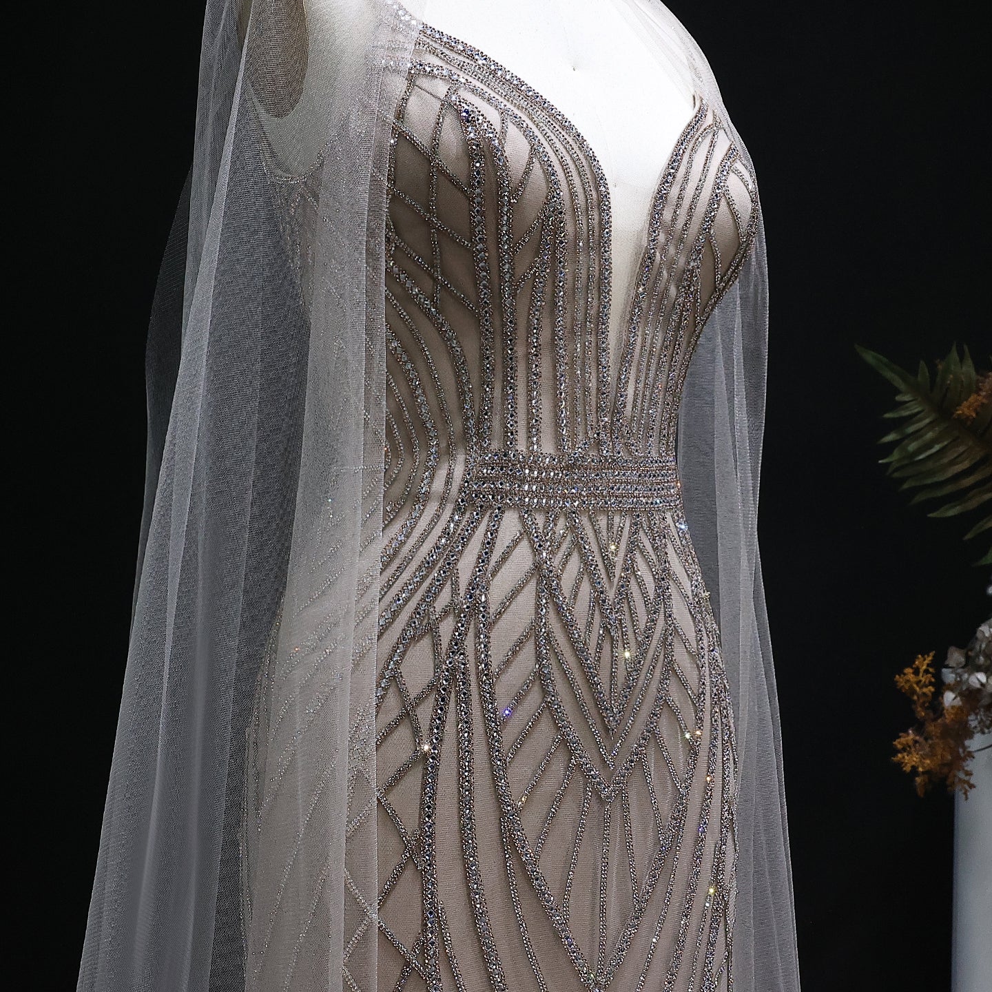 Sparkle Crystal Blue Mermaid Evening Dress with Cape Sleeves SS043