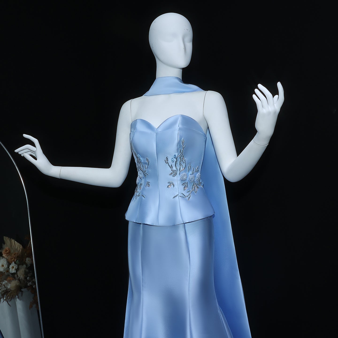 Elegant Blue Satin 3D Flowers Evening Dress with Scarf SS245
