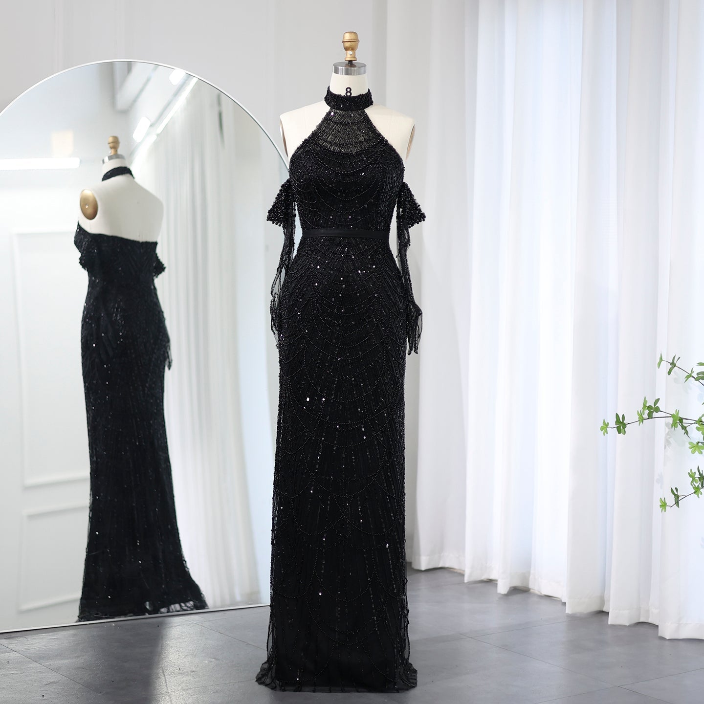 Luxury Nude Halter Mermaid Evening Dress with Gloves SS689 