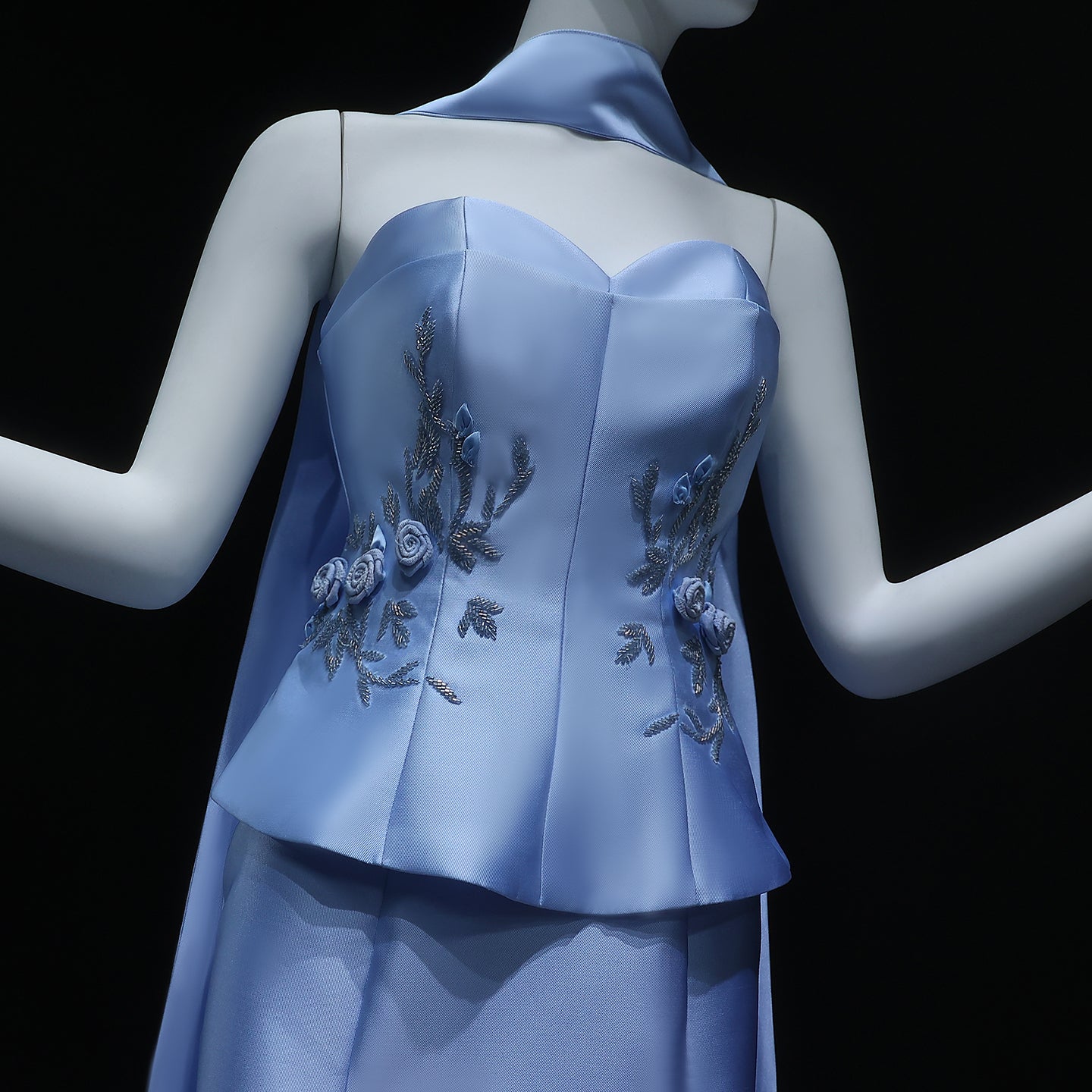 Elegant Blue Satin 3D Flowers Evening Dress with Scarf SS245
