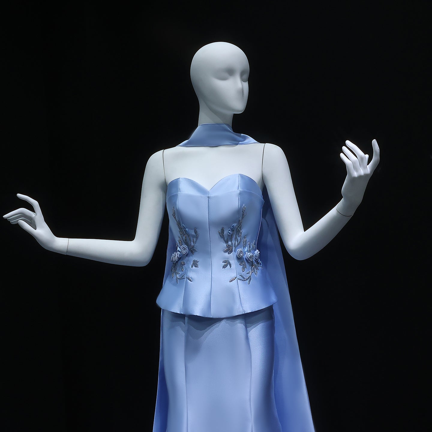 Elegant Blue Satin 3D Flowers Evening Dress with Scarf SS245