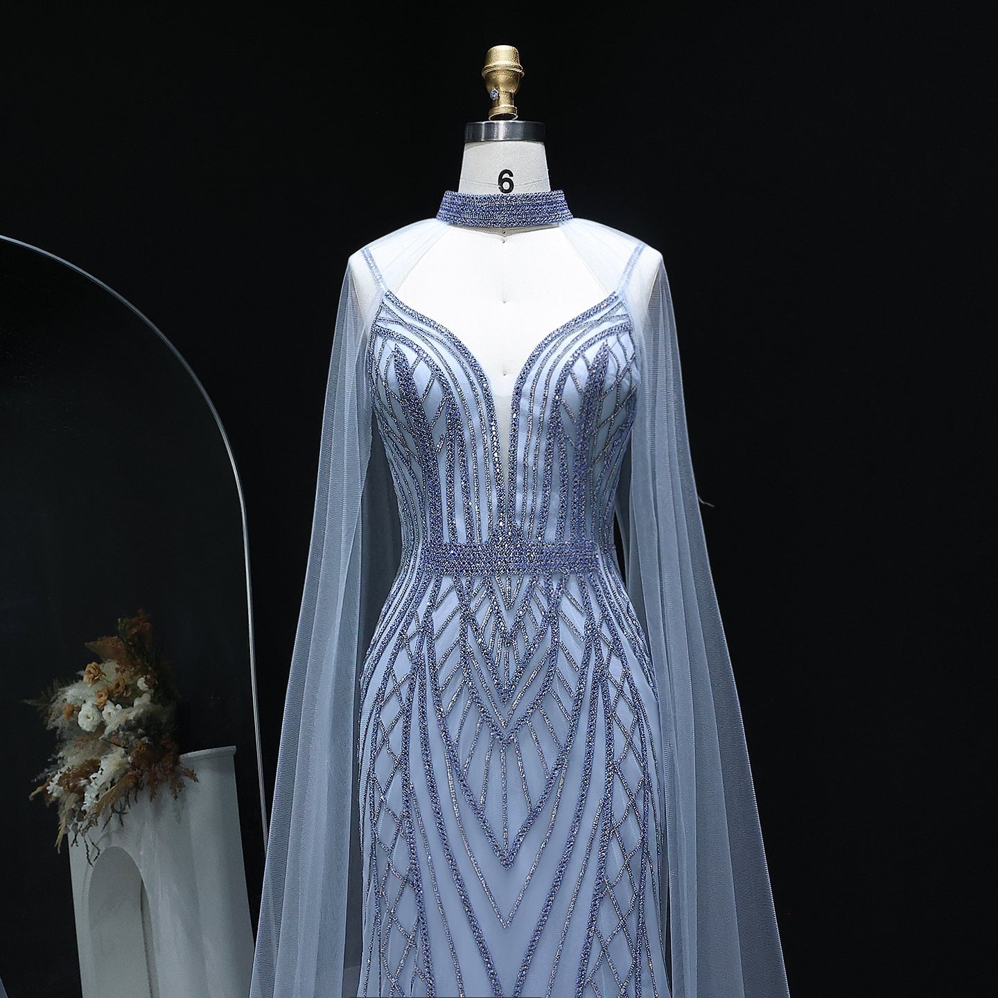 Sparkle Crystal Blue Mermaid Evening Dress with Cape Sleeves SS043