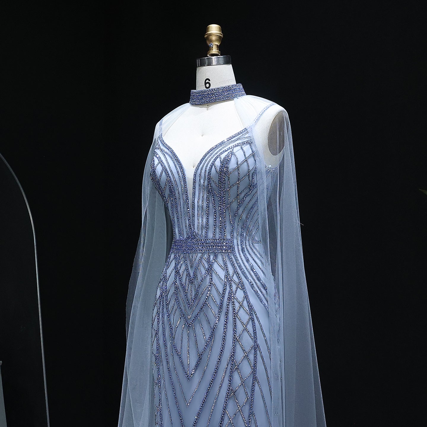 Sparkle Crystal Blue Mermaid Evening Dress with Cape Sleeves SS043