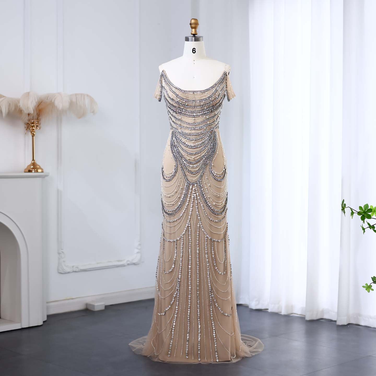 Luxury Crystal Silver Gray Mermaid Evening Dress SS403  Nude / US 16