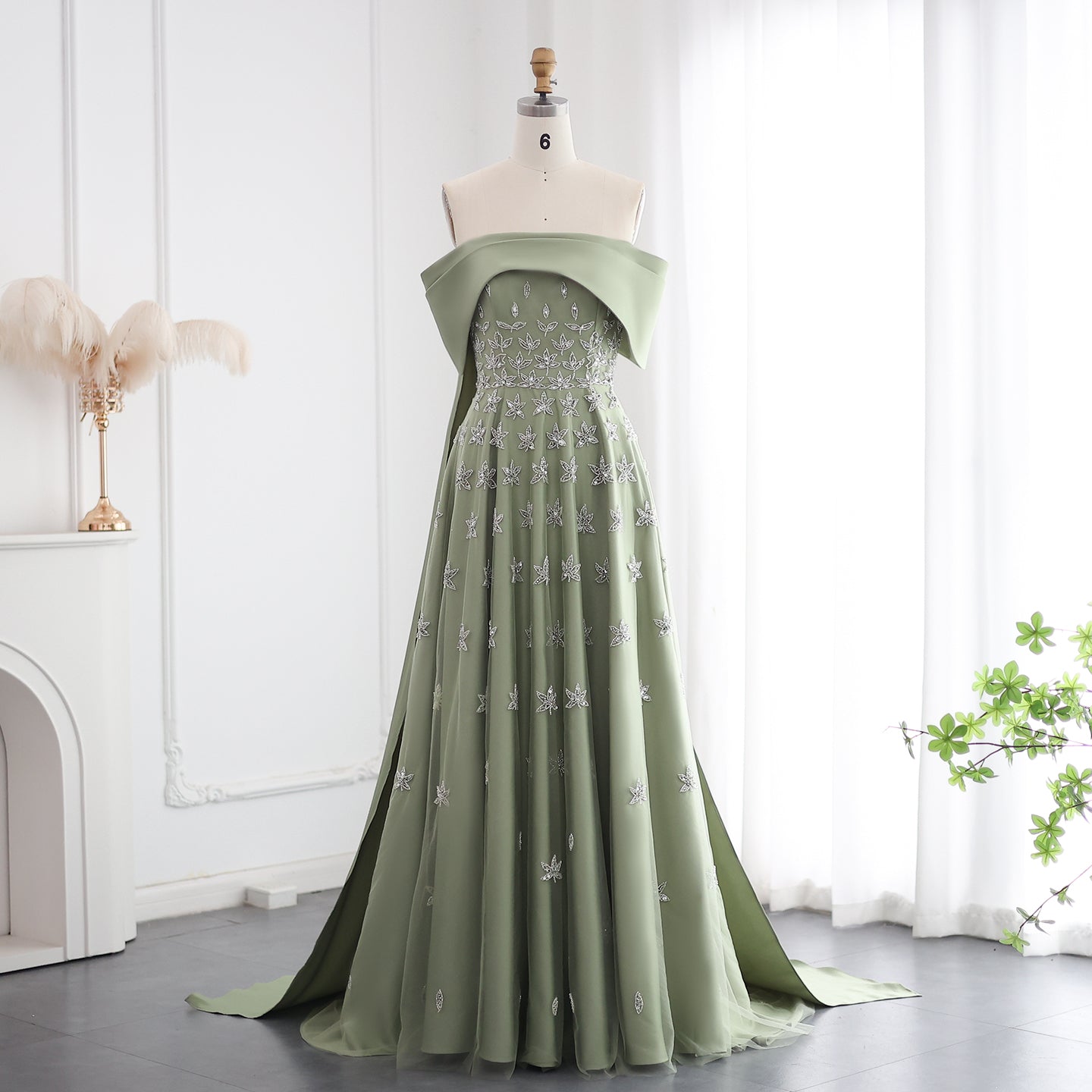 Luxury Yellow Off Shoulder Evening Dress with Cape Train SS455  Sage Green / US 18