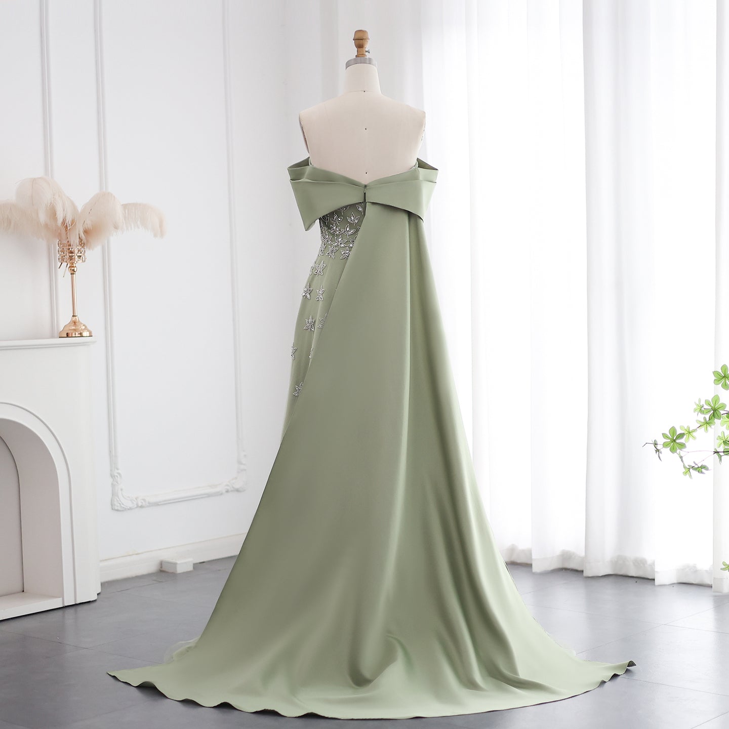 Luxury Yellow Off Shoulder Evening Dress with Cape Train SS455