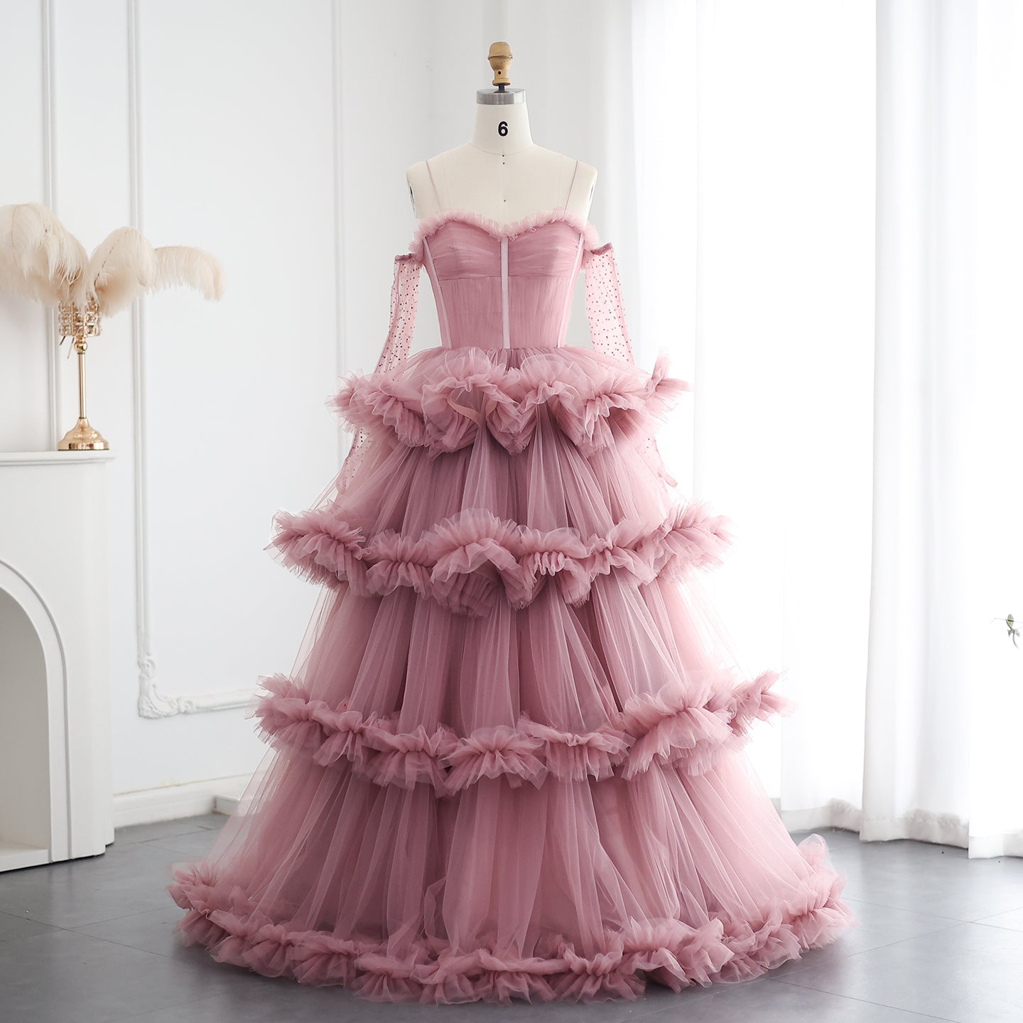 Burgundy Tulle Tiered Ruffles Evening Dresses with Gloves SS309  Dusty Pink / US 16