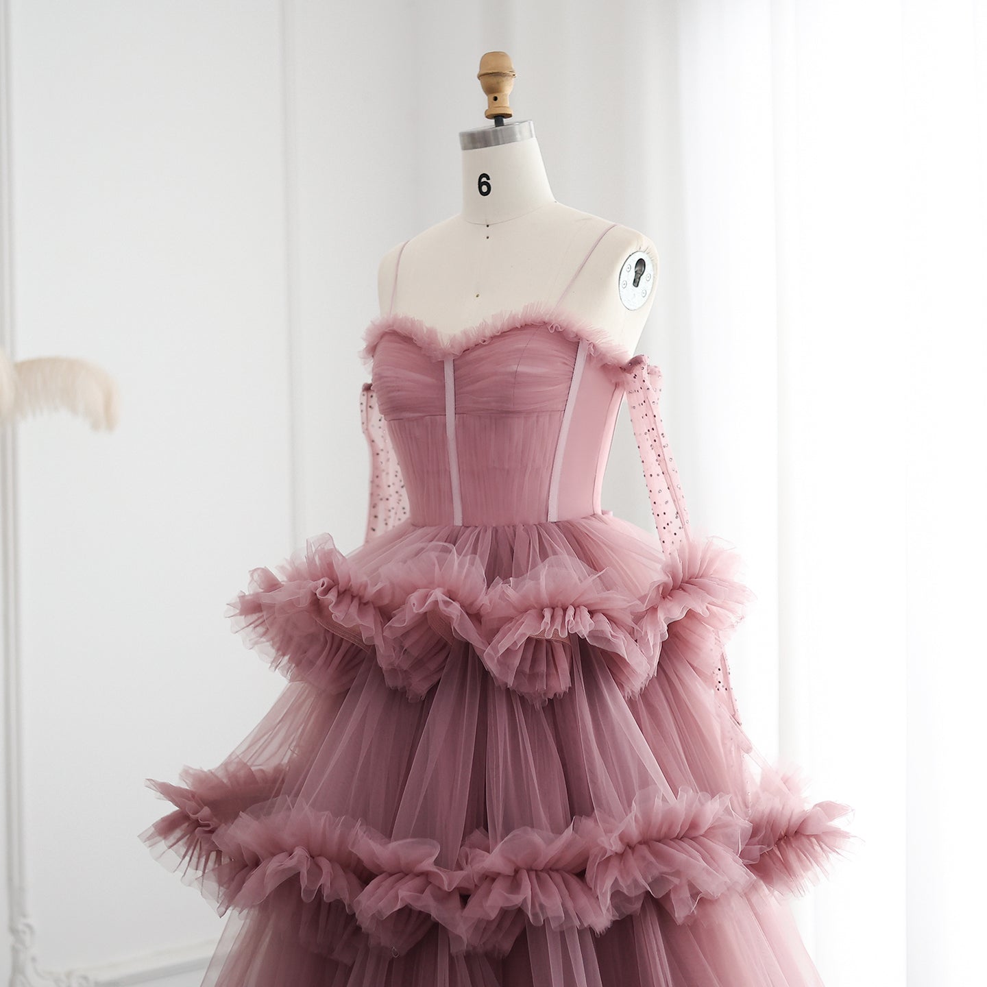 Burgundy Tulle Tiered Ruffles Evening Dresses with Gloves SS309