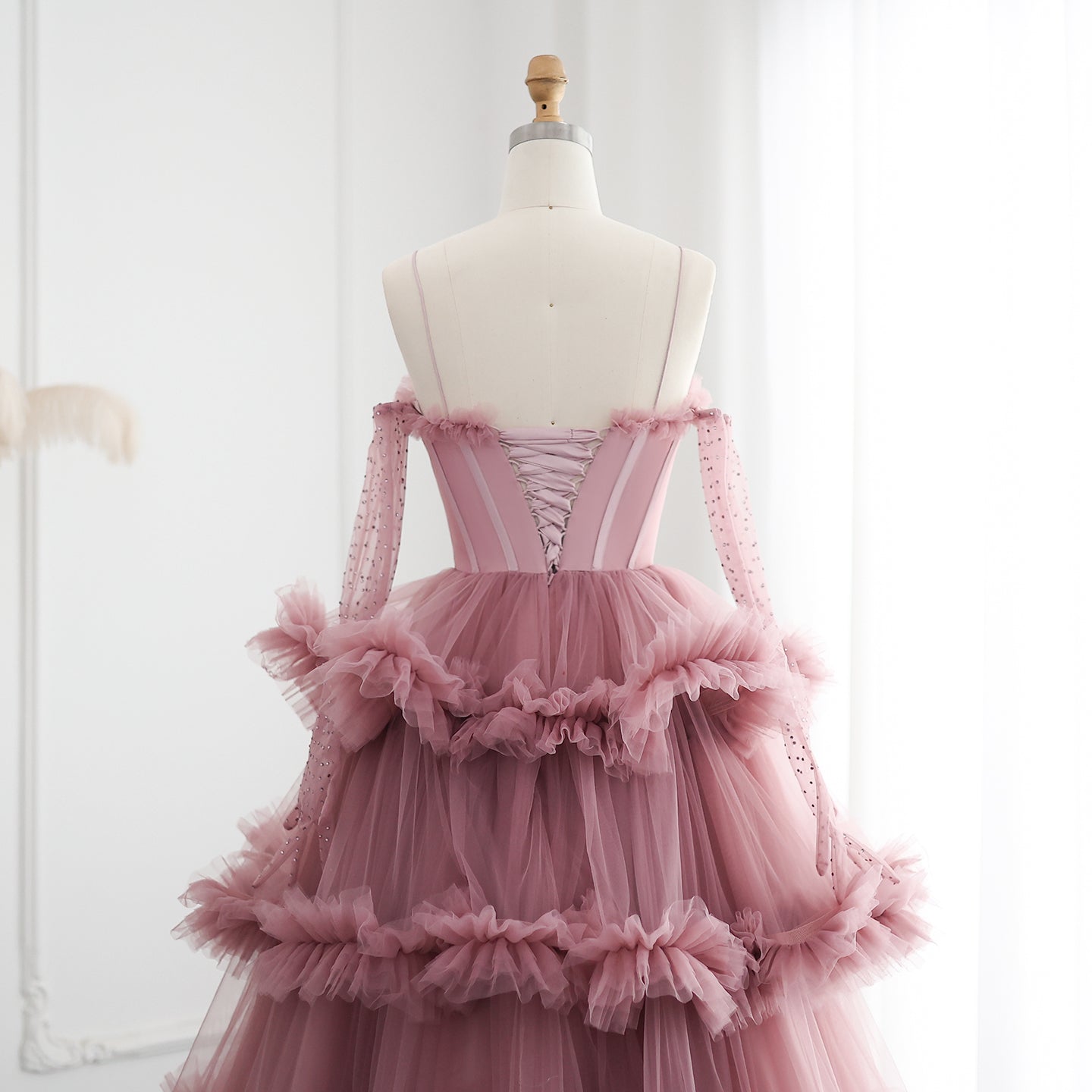 Burgundy Tulle Tiered Ruffles Evening Dresses with Gloves SS309