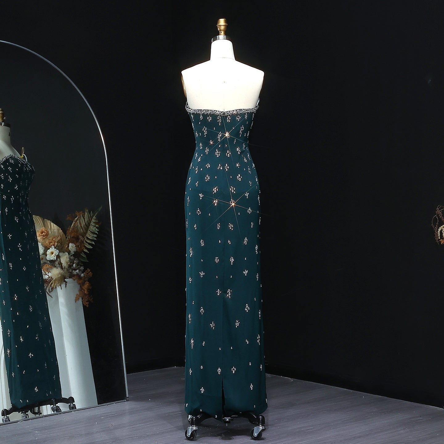 Elegant Rhinestones Strapless Emerald Green Evening Dress SS221