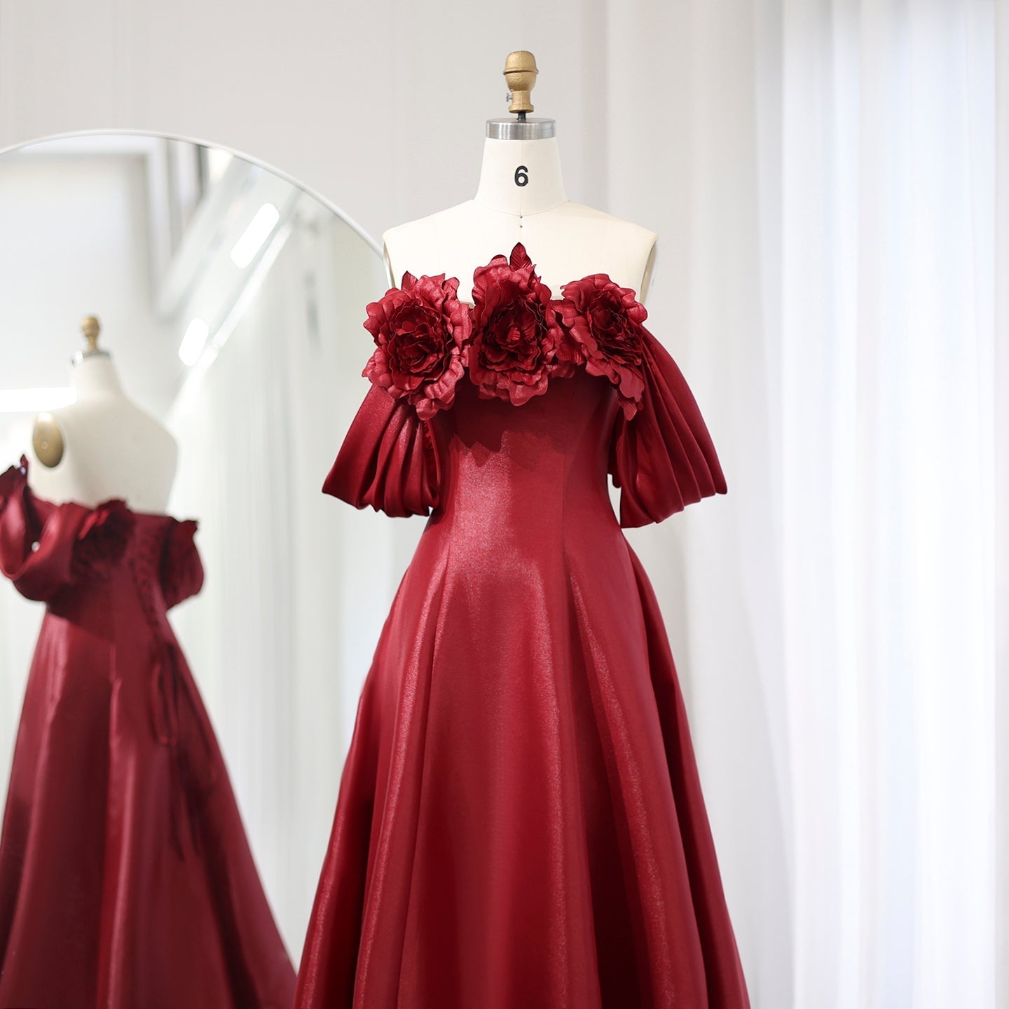 Elegant Burgundy 3D Flowers Off Shoulder Evening Dress SF489