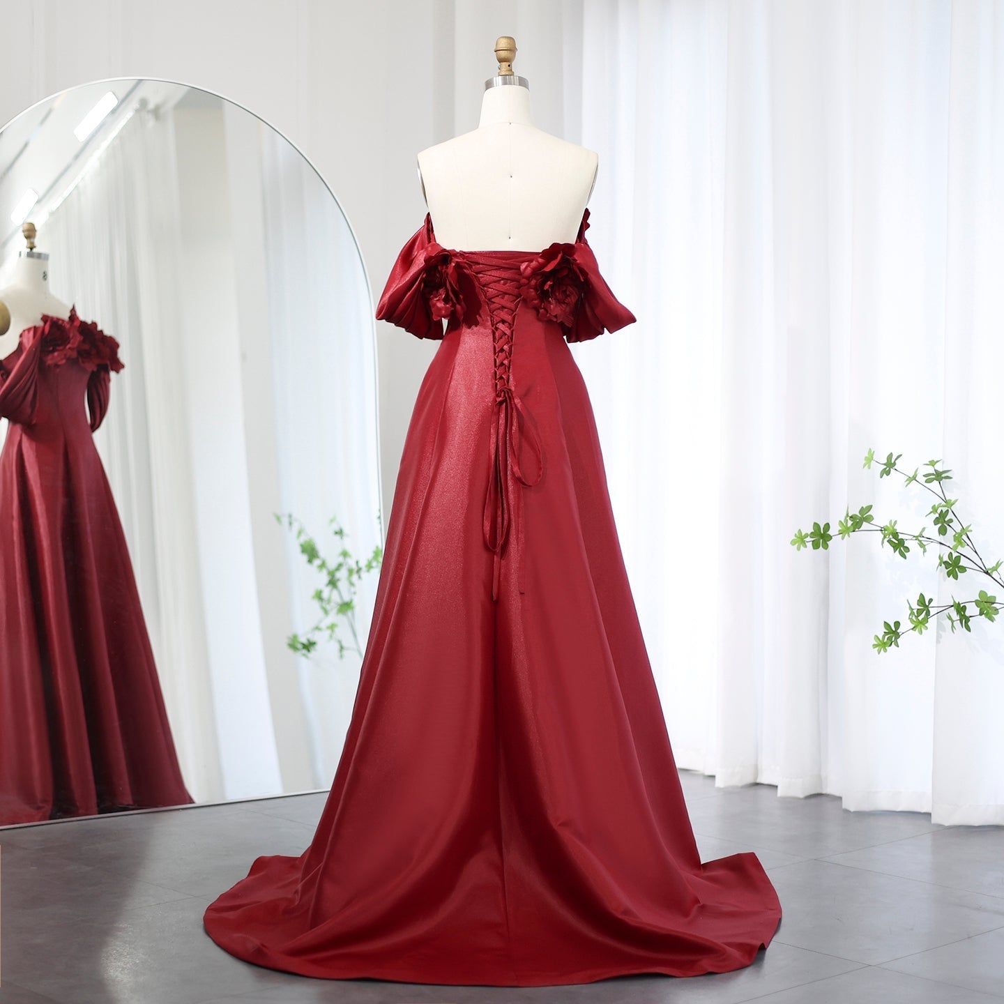 Elegant Burgundy 3D Flowers Off Shoulder Evening Dress SF489