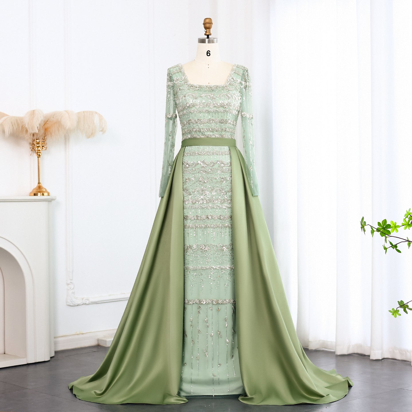 Luxury Sage Green Evening Dress with Detachable Overskirt SS238A  Sage Green / US 20