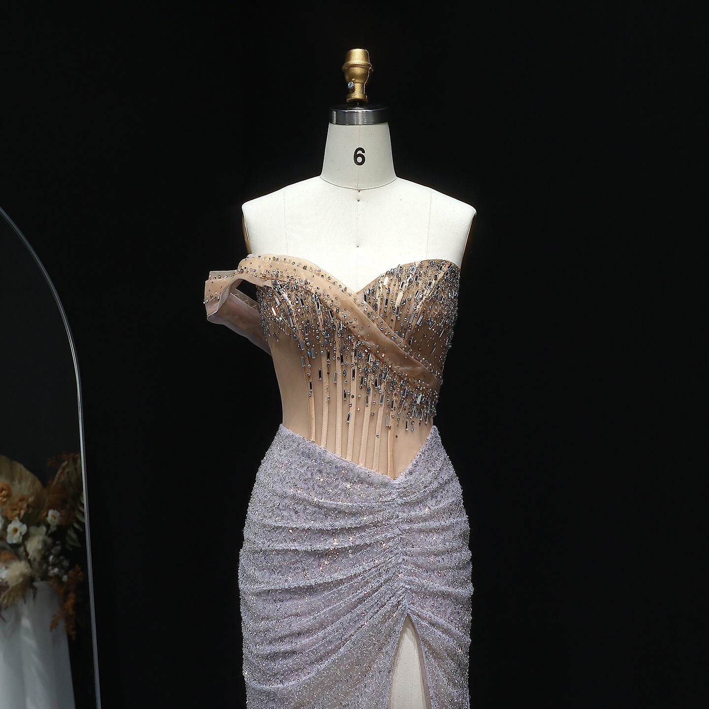 Luxury Crystal Beaded Silver Evening Dress with Slit SS563 