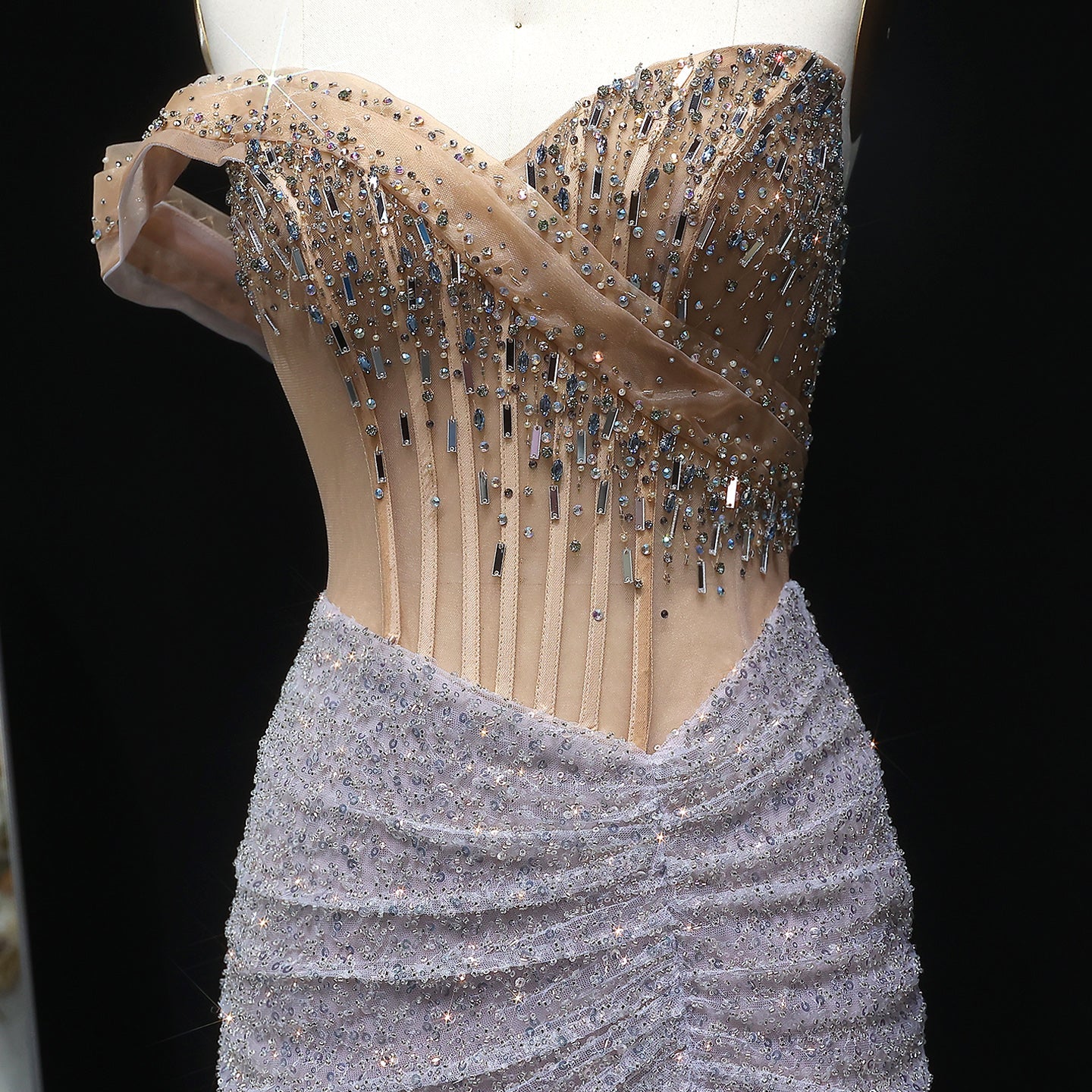 Luxury Crystal Beaded Silver Evening Dress with Slit SS563 