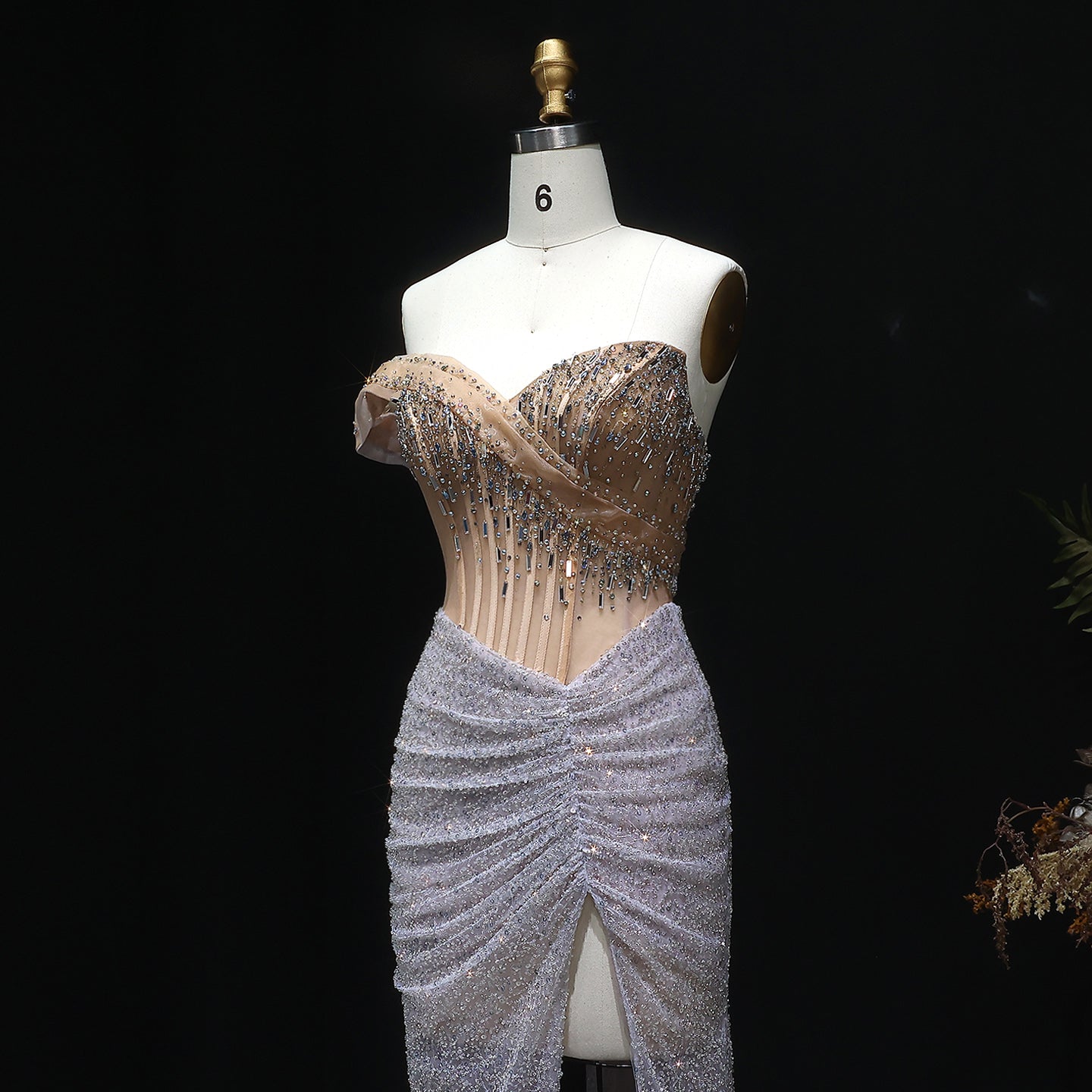 Luxury Crystal Beaded Silver Evening Dress with Slit SS563 