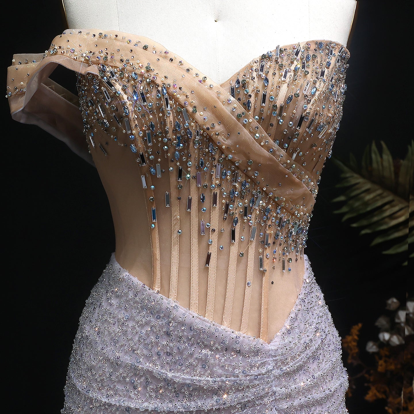 Luxury Crystal Beaded Silver Evening Dress with Slit SS563 