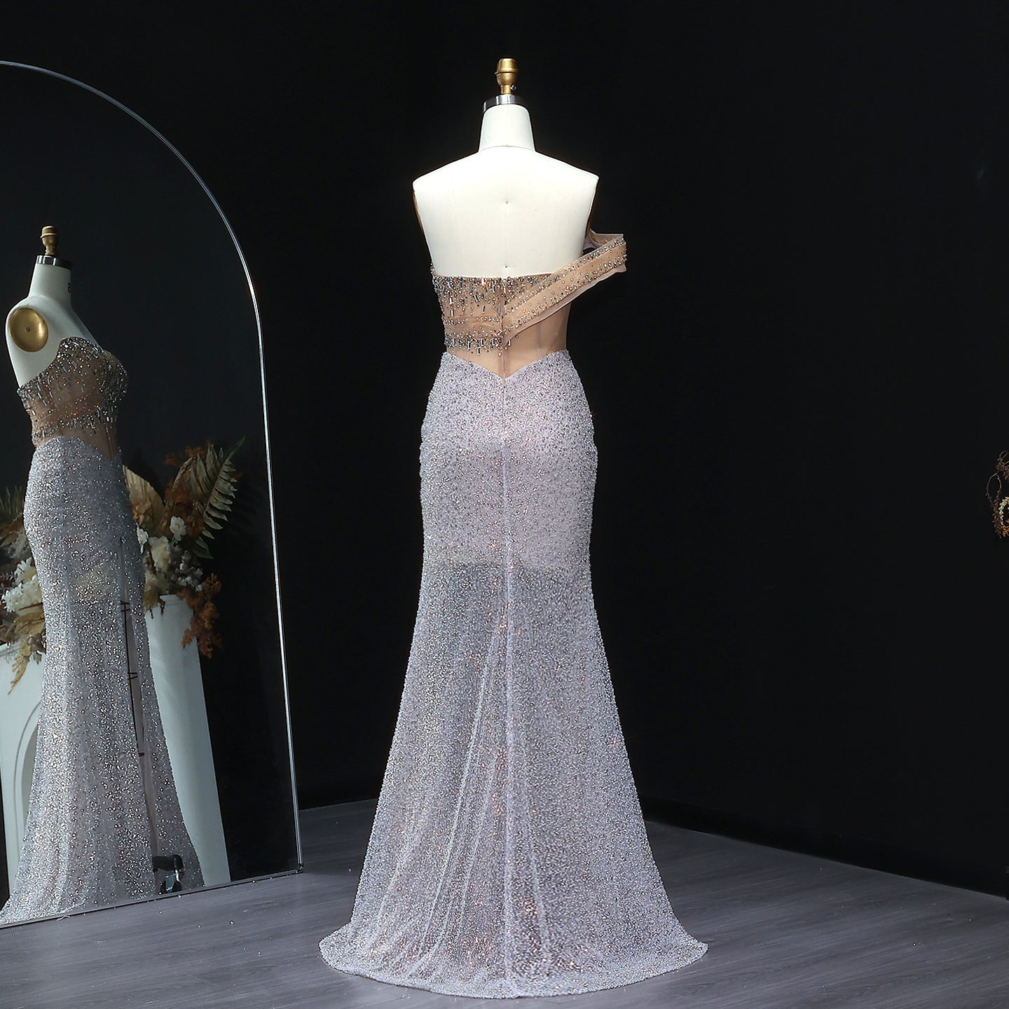 Luxury Crystal Beaded Silver Evening Dress with Slit SS563 