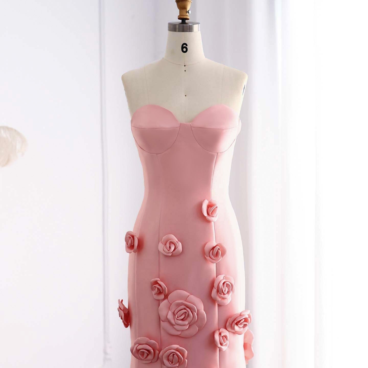 Elegant Pink 3D Flowers Strapless Evening Dress SF025