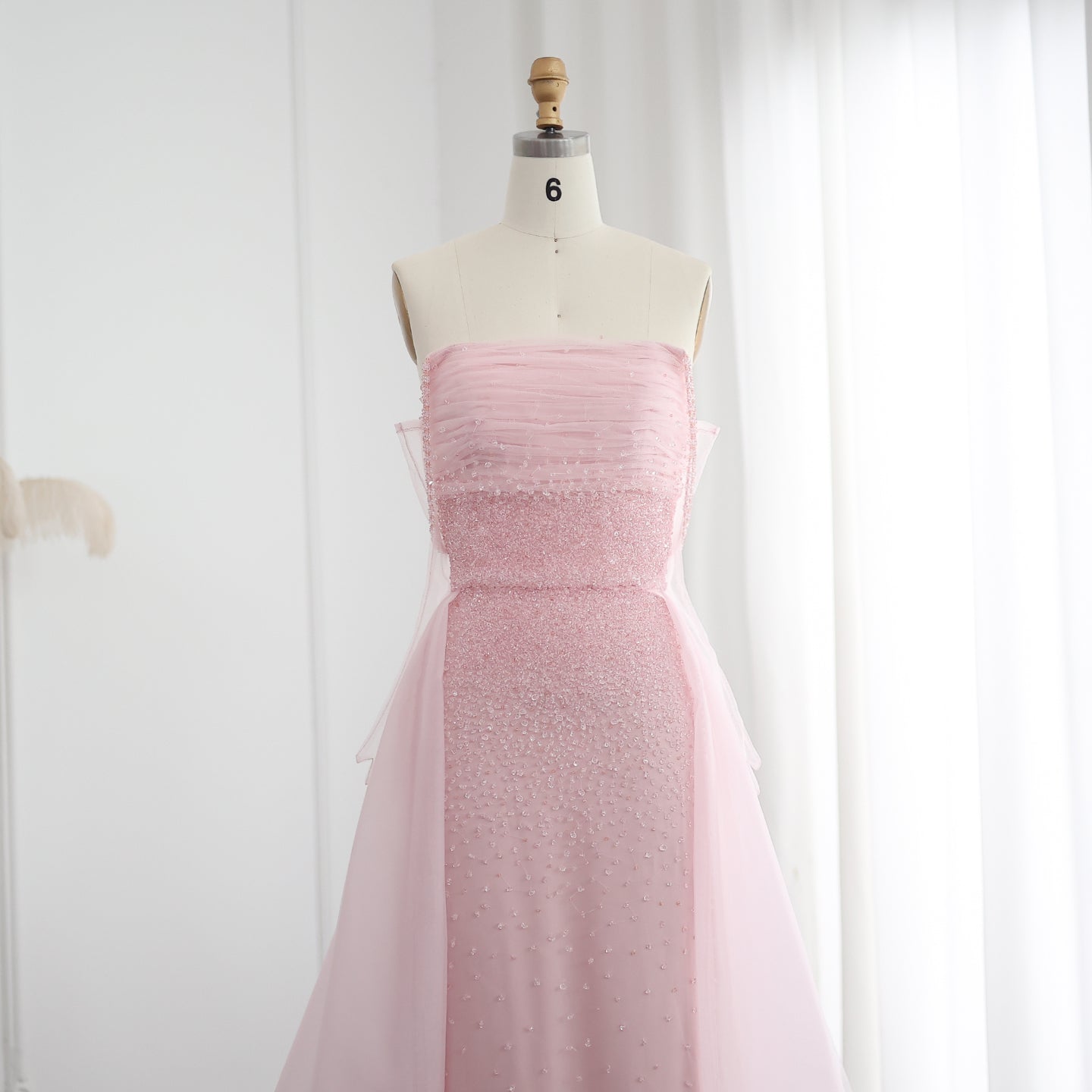 Luxury Beaded Pink Evening Dress with Overskirt Gloves SS429