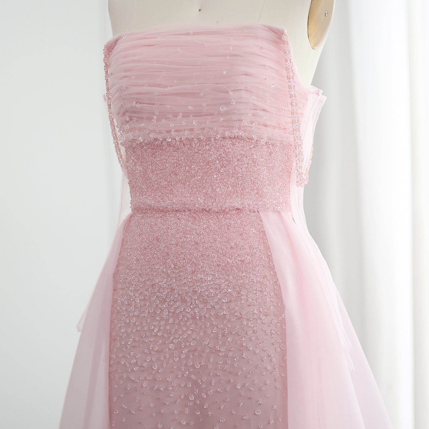Luxury Beaded Pink Evening Dress with Overskirt Gloves SS429