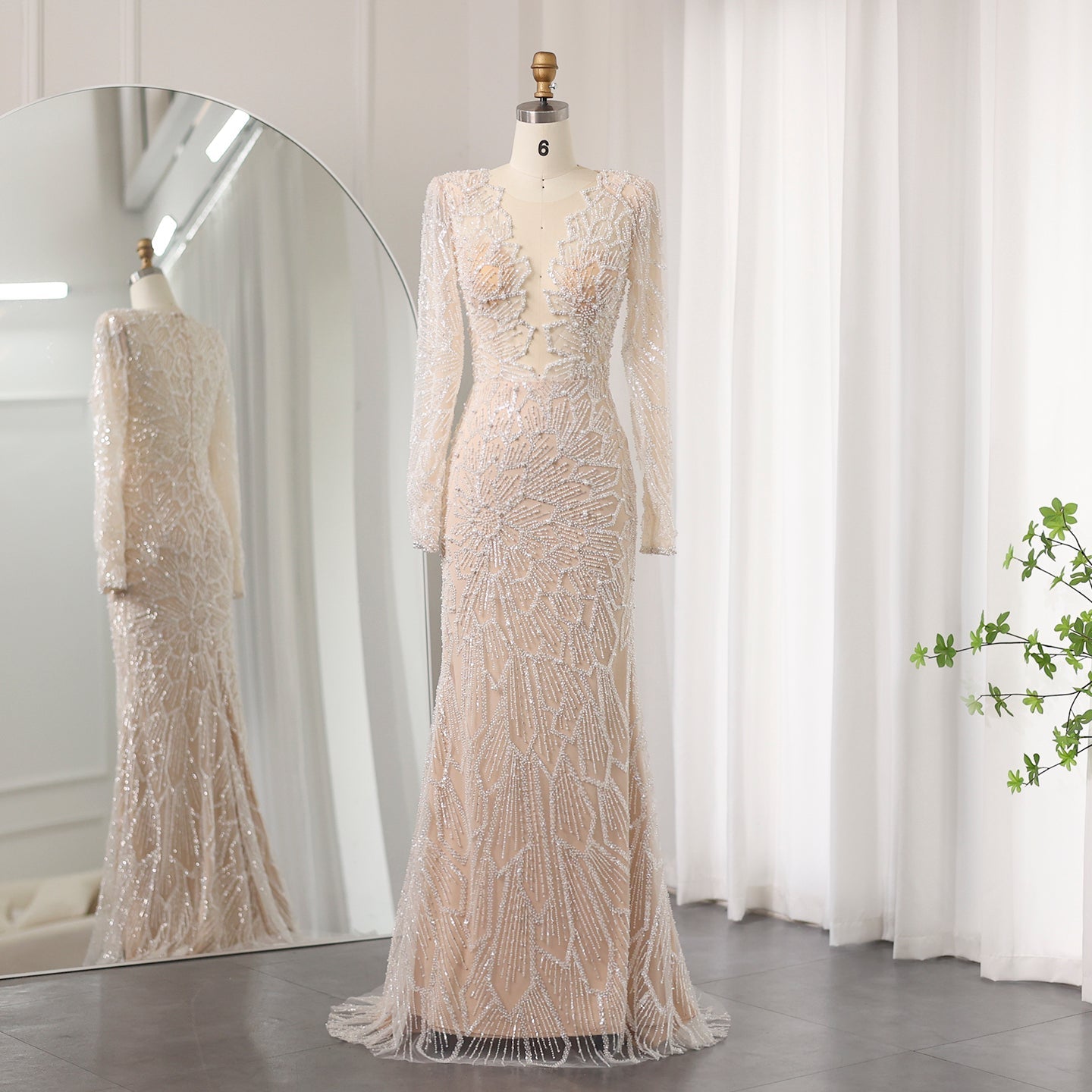 Luxury Nude Long Sleeves Evening Dress SS459  Champagne / US 16