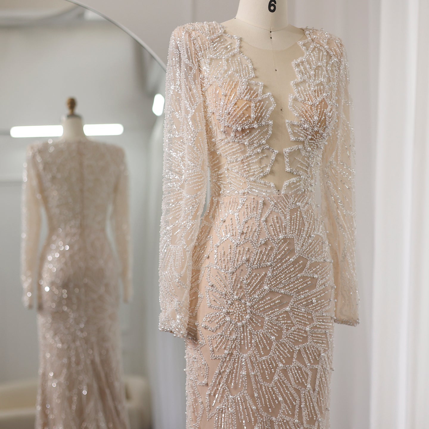 Luxury Nude Long Sleeves Evening Dress SS459
