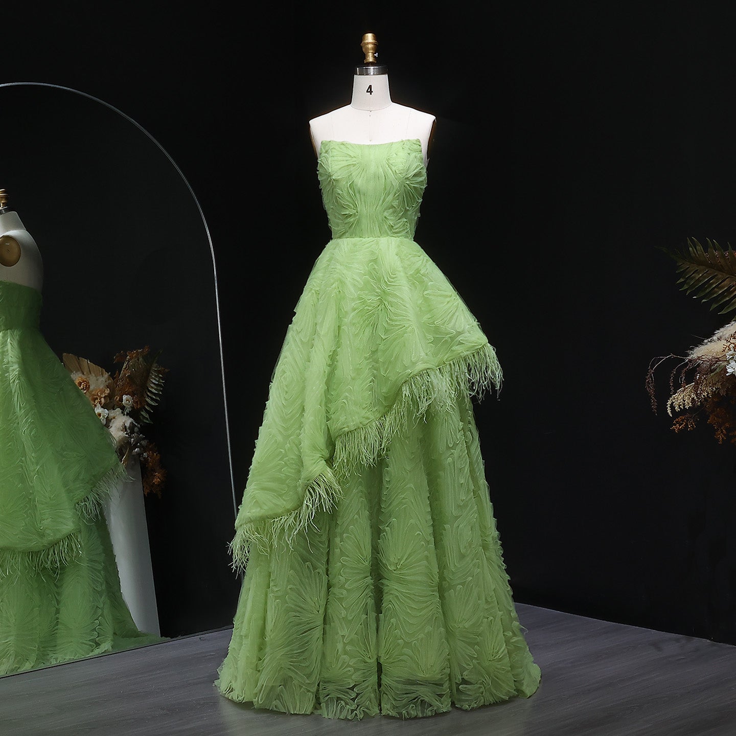 Luxury Feather 3D Floral Lime Green Strapless Evening Dress SF034  Lime Green / US 20