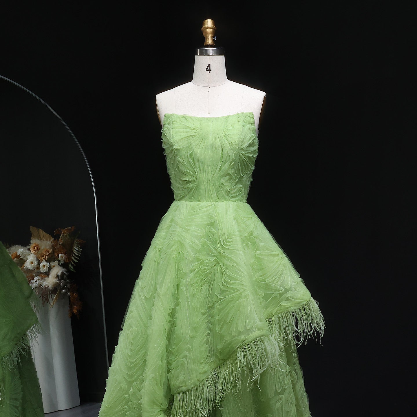 Luxury Feather 3D Floral Lime Green Strapless Evening Dress SF034
