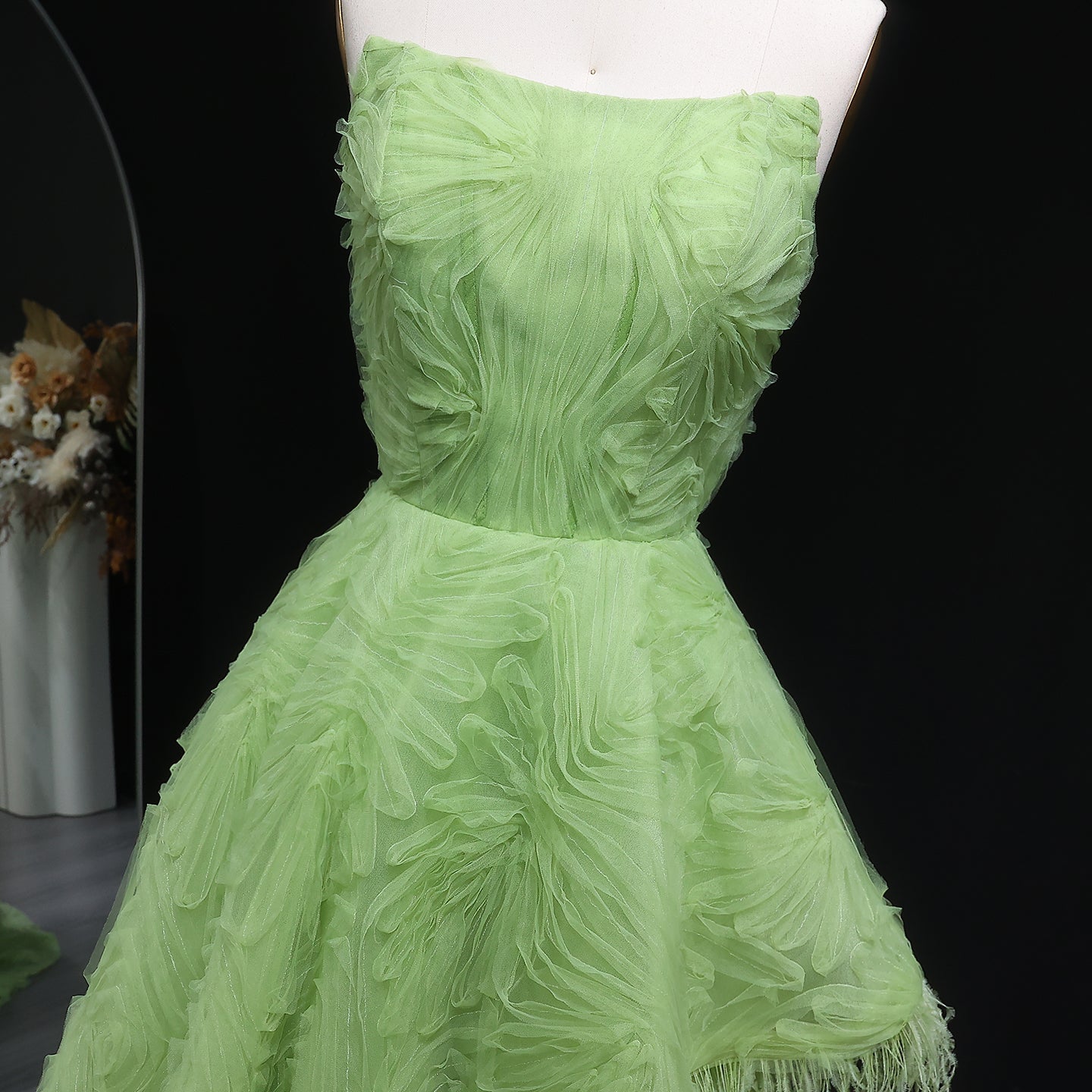 Luxury Feather 3D Floral Lime Green Strapless Evening Dress SF034