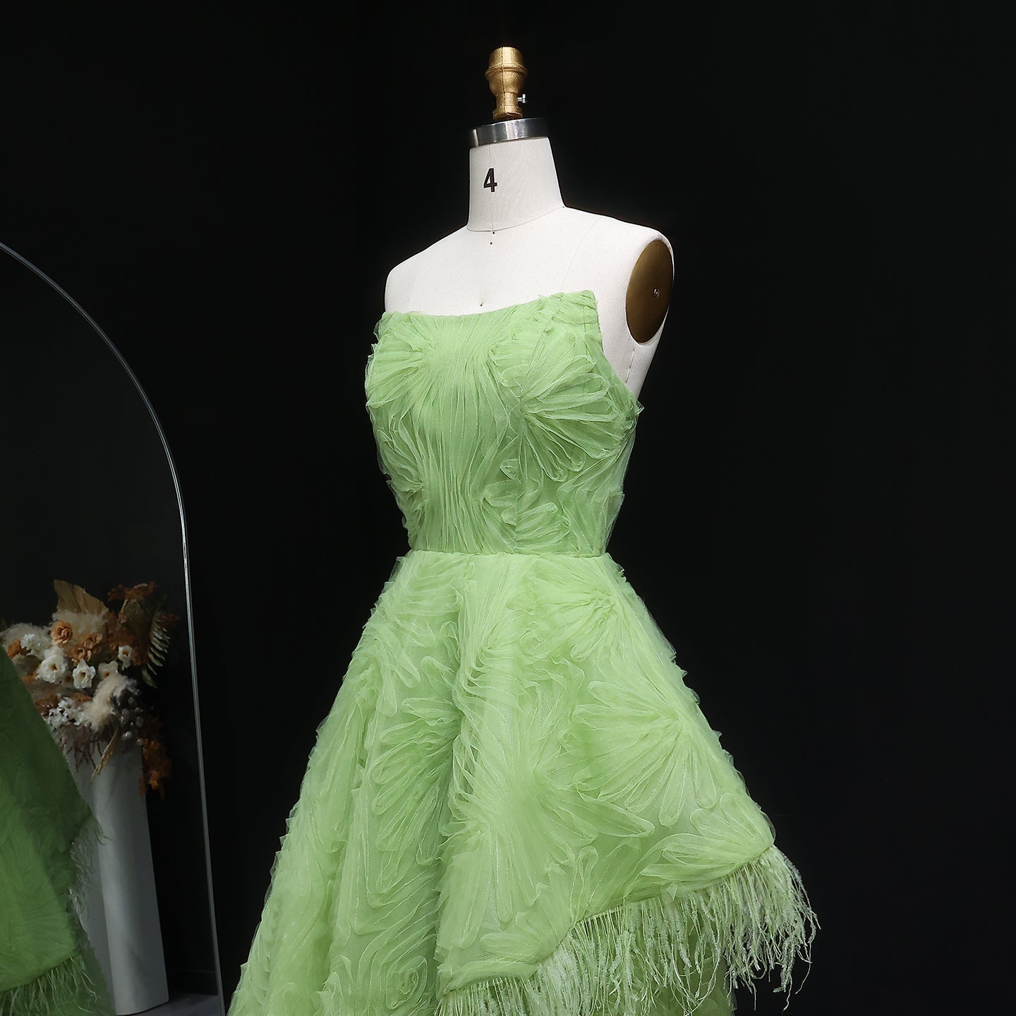 Luxury Feather 3D Floral Lime Green Strapless Evening Dress SF034