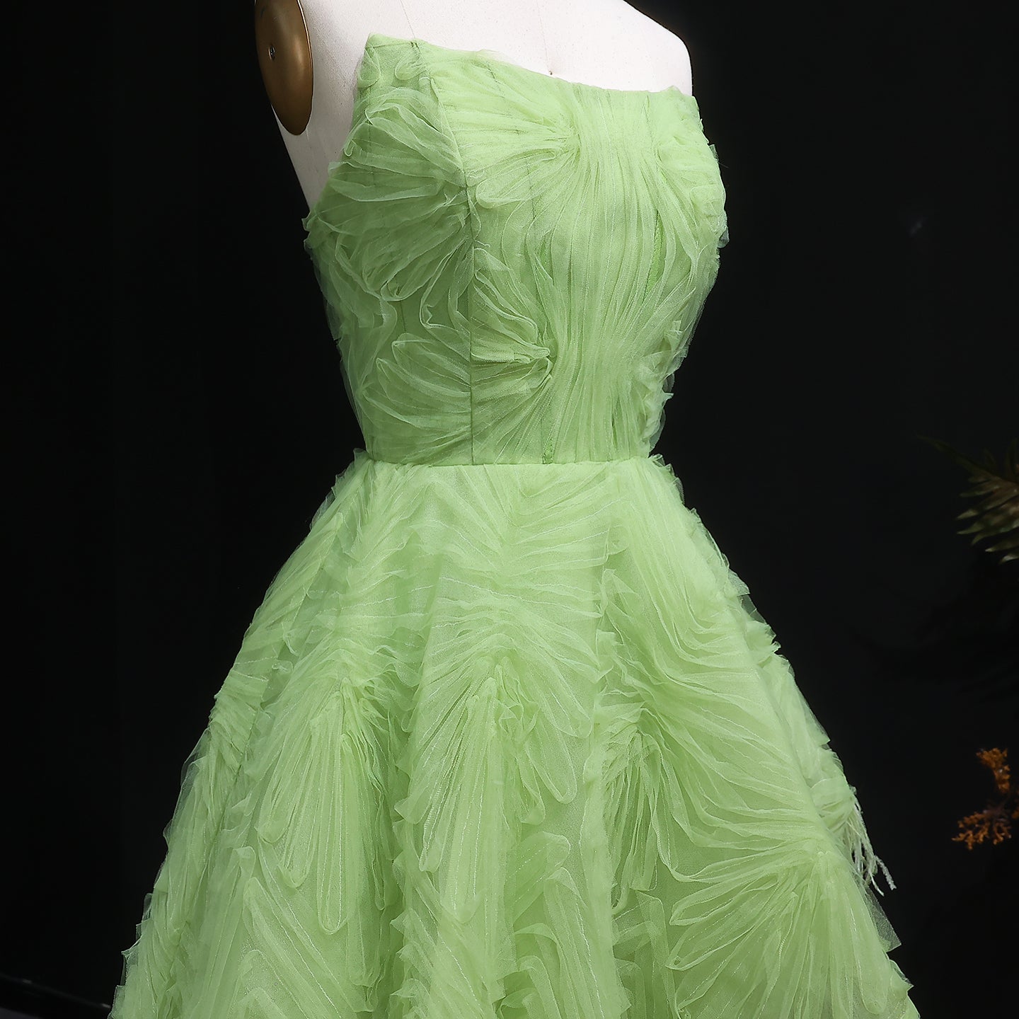 Luxury Feather 3D Floral Lime Green Strapless Evening Dress SF034