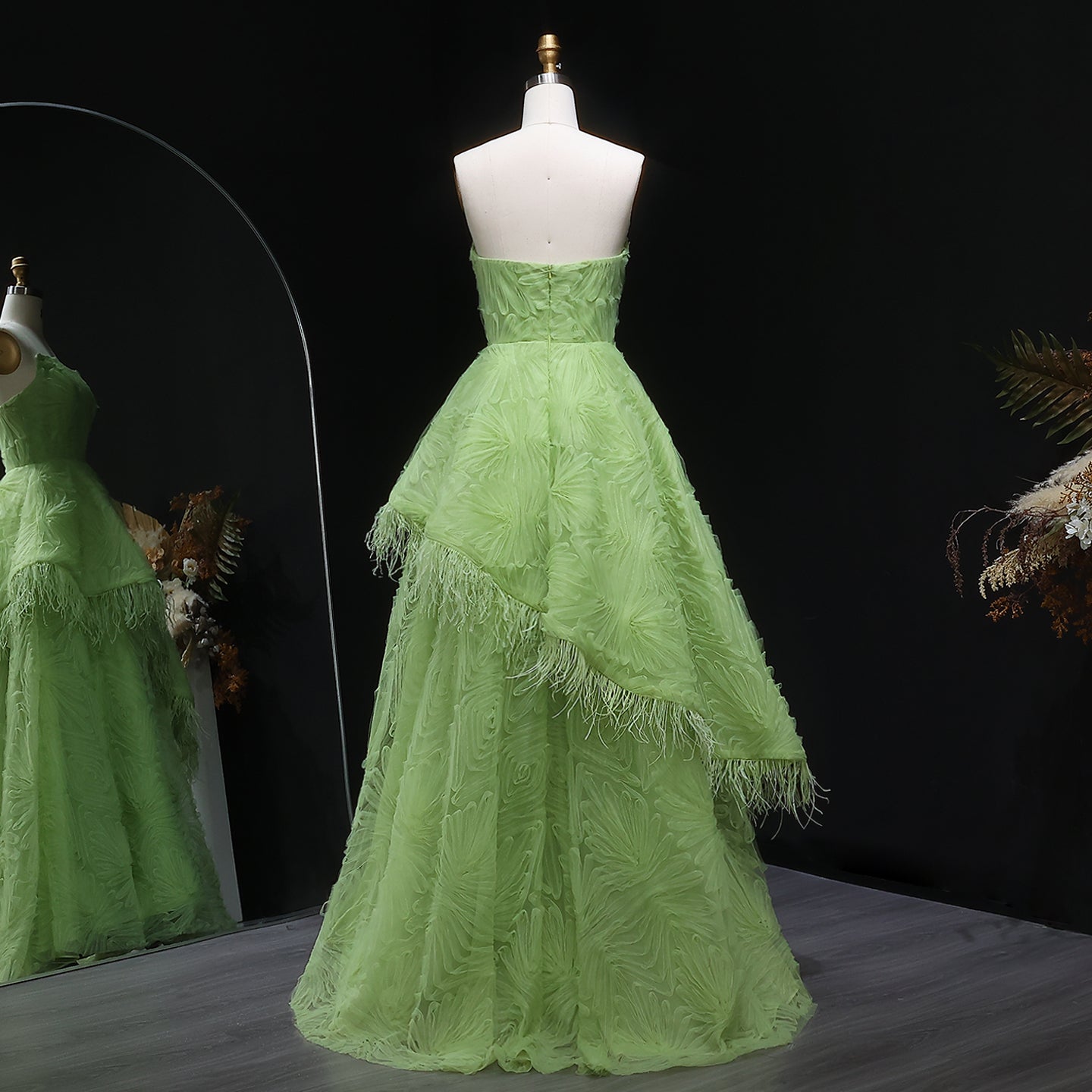 Luxury Feather 3D Floral Lime Green Strapless Evening Dress SF034