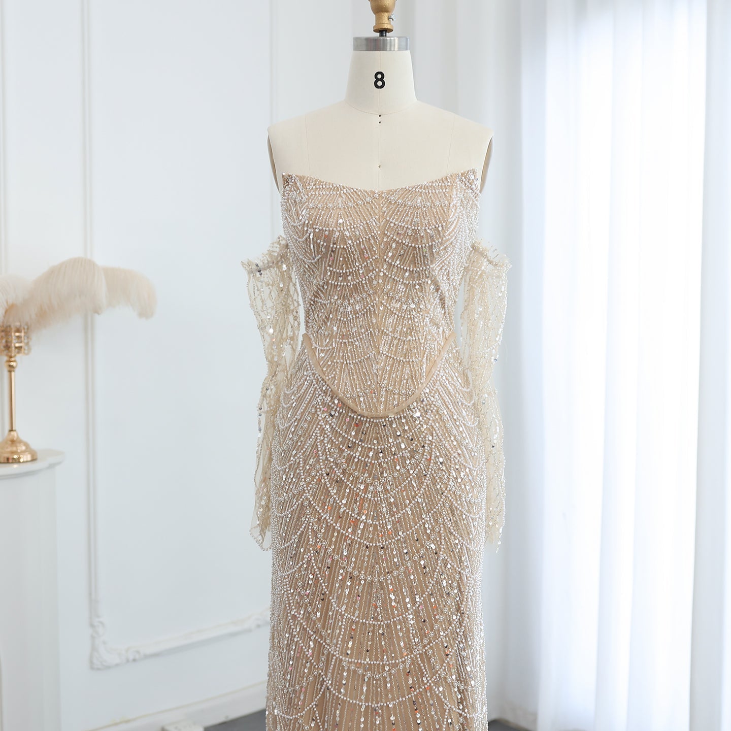 Luxury Beaded Black Strapless Evening Dress with Sleeves SS685