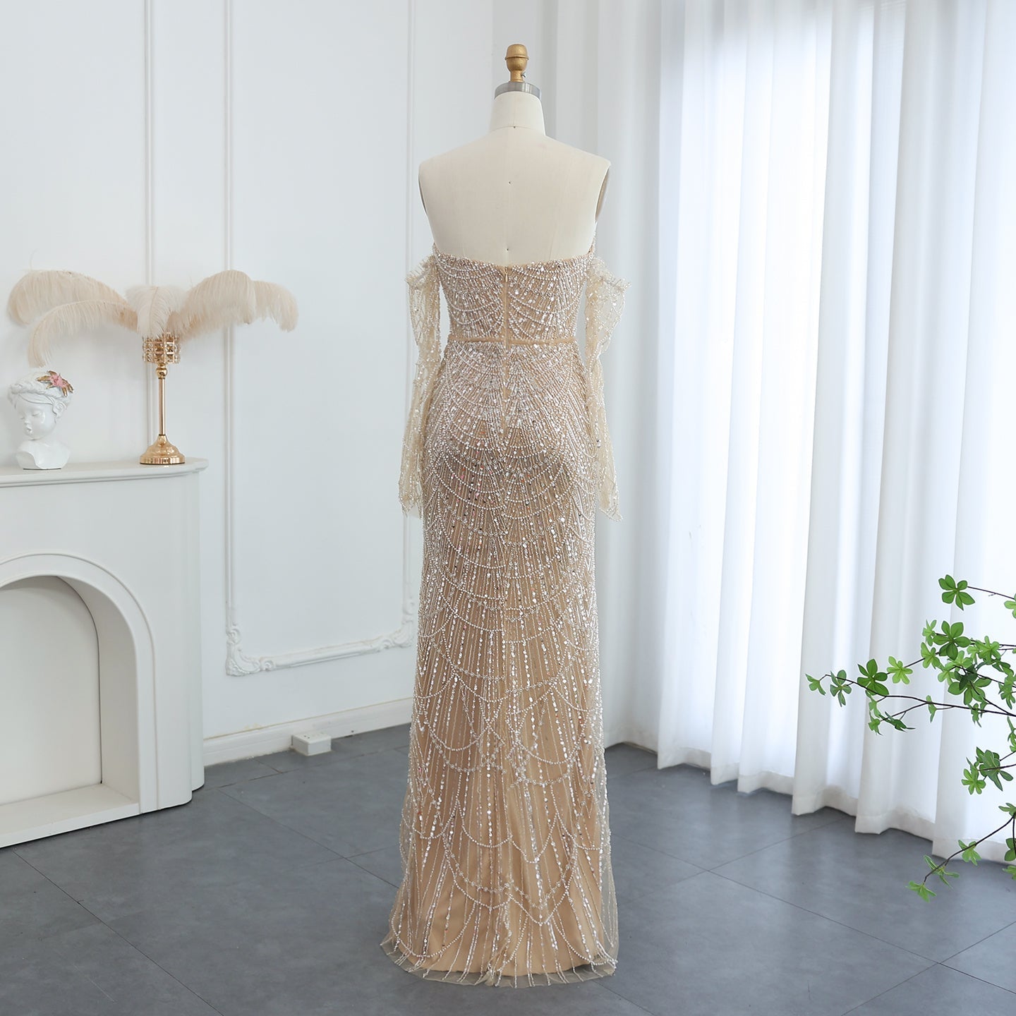 Luxury Beaded Black Strapless Evening Dress with Sleeves SS685