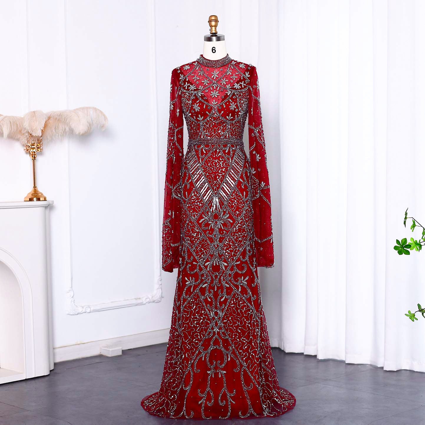 Luxury Black Beaded Evening Dress with Flare Long Sleeves SS153  Wine Red / US 18