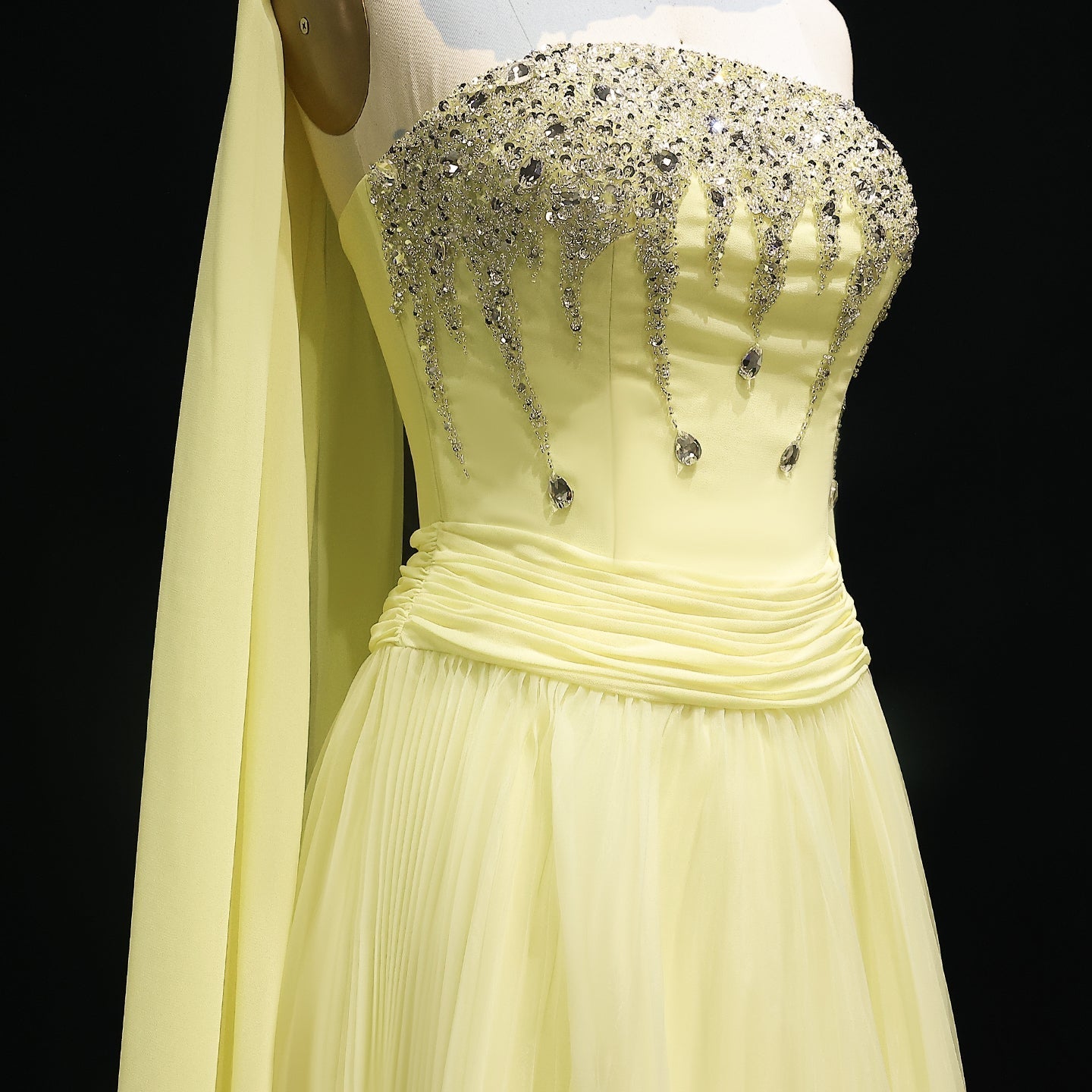 Graceful Crystal Yellow Strapless Evening Dress with Scarf XD-009