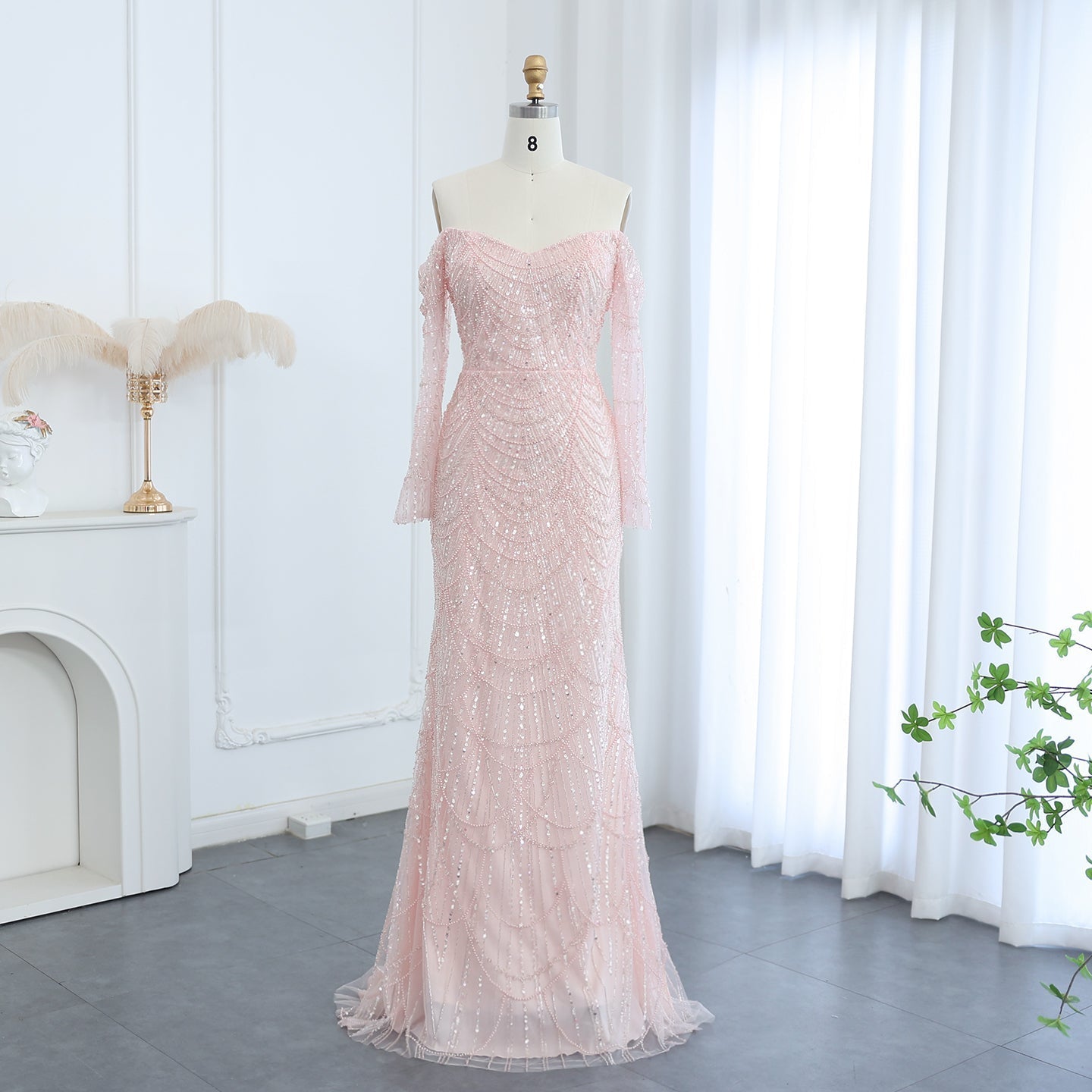 Luxury Off Shoulder Long Sleeves Mermaid Evening Dress SS609  Pink / US 20