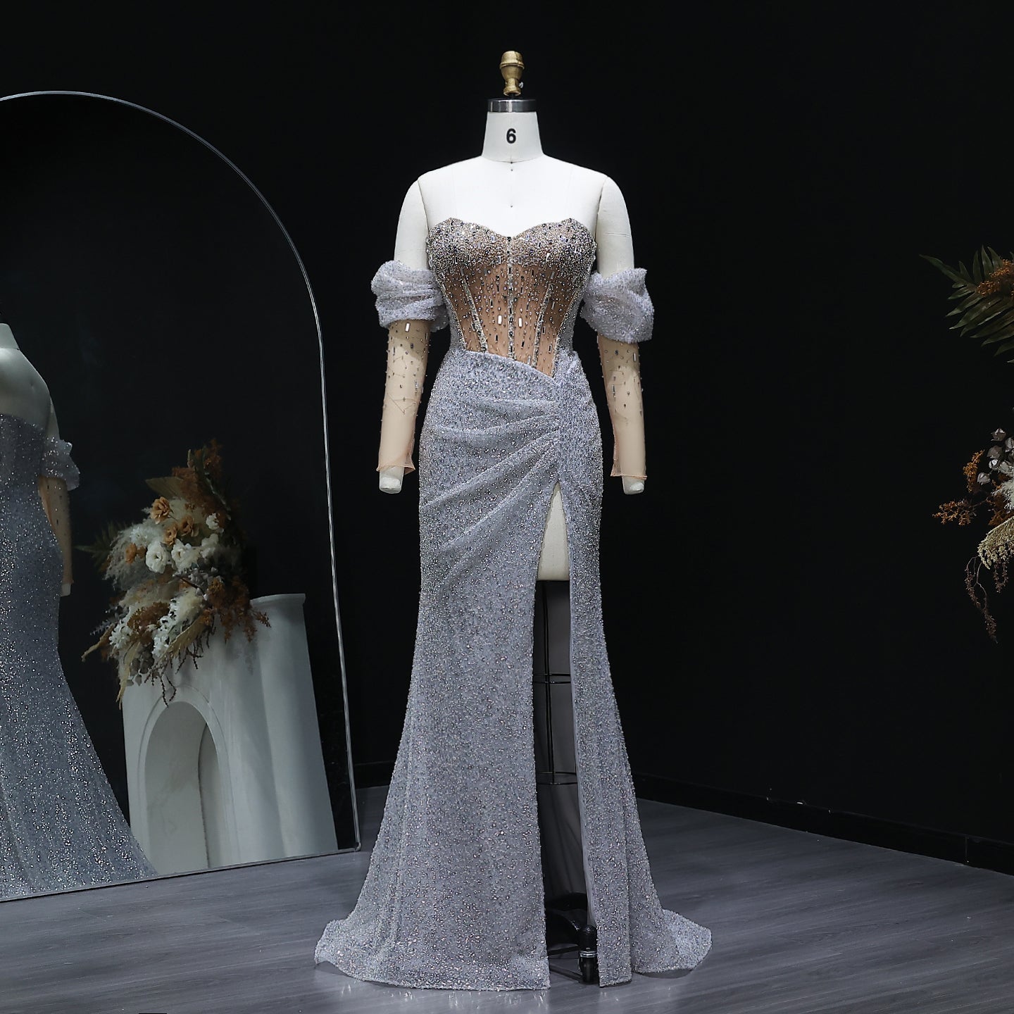 Luxury Crystal Silver Evening Dress with Sleeves Slit SS426  Silver / US 16