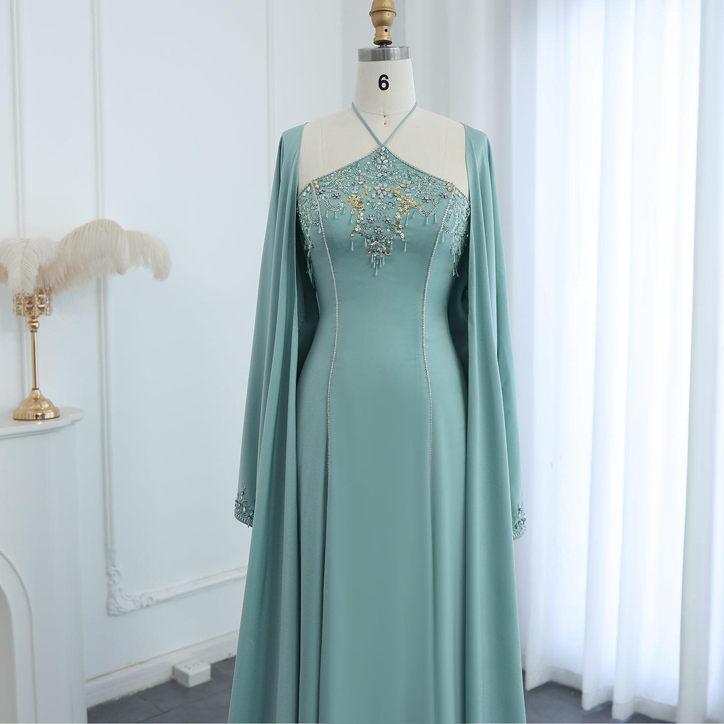 Luxury Sage Green Halter Evening Dress with Cape SS301