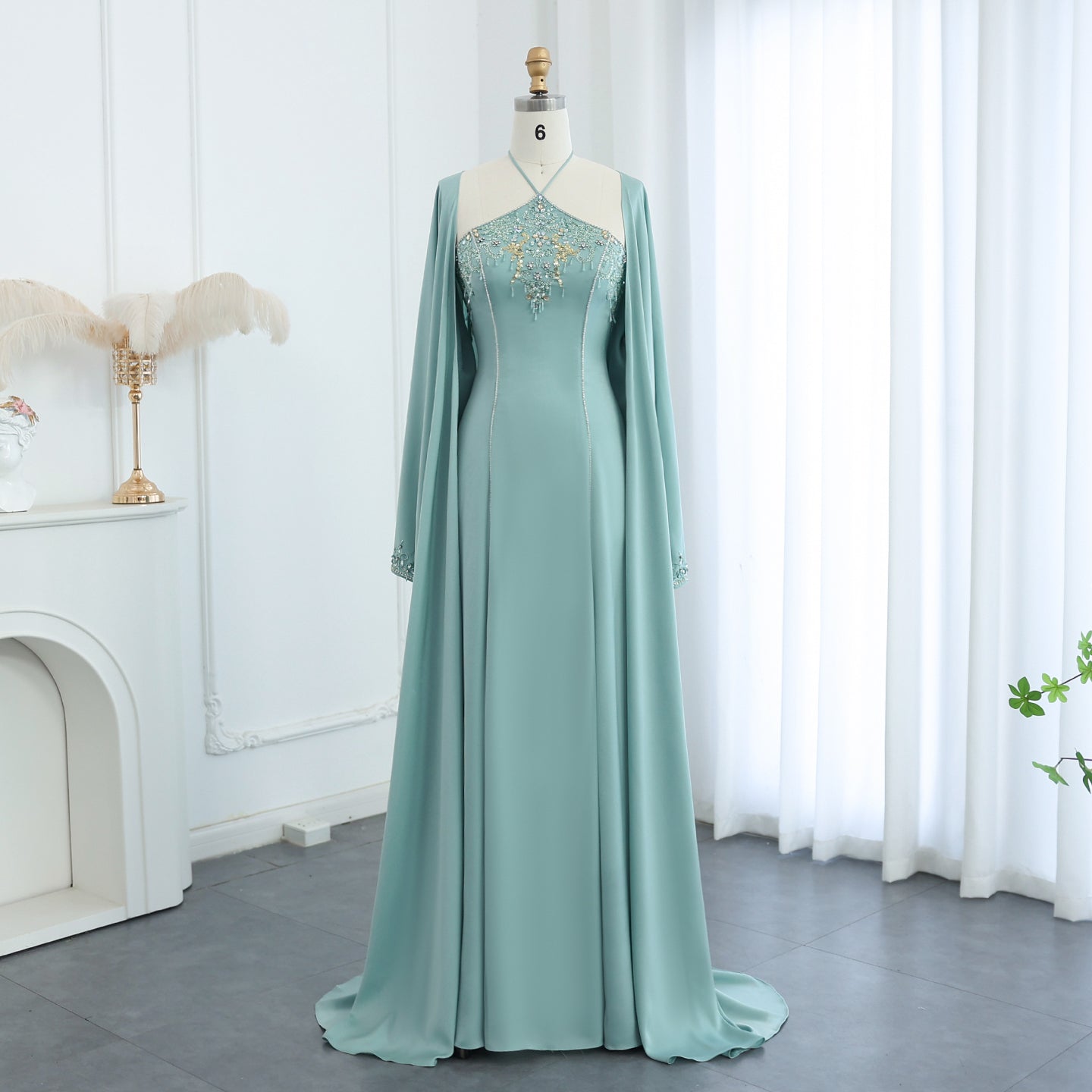Luxury Sage Green Halter Evening Dress with Cape SS301