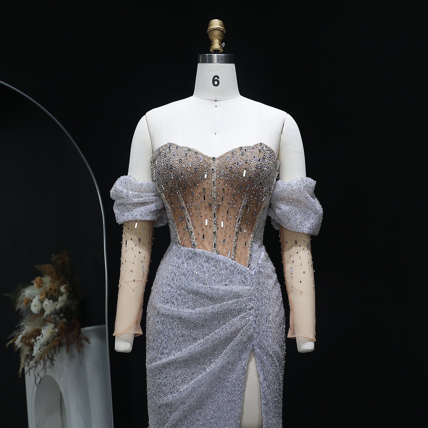 Luxury Crystal Silver Evening Dress with Sleeves Slit SS426