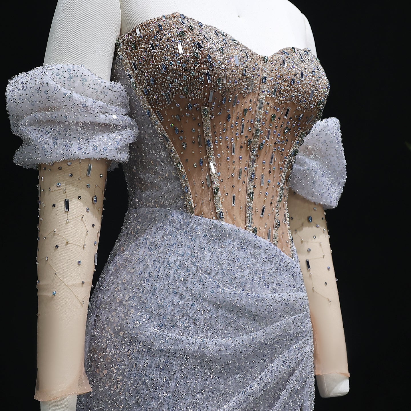 Luxury Crystal Silver Evening Dress with Sleeves Slit SS426