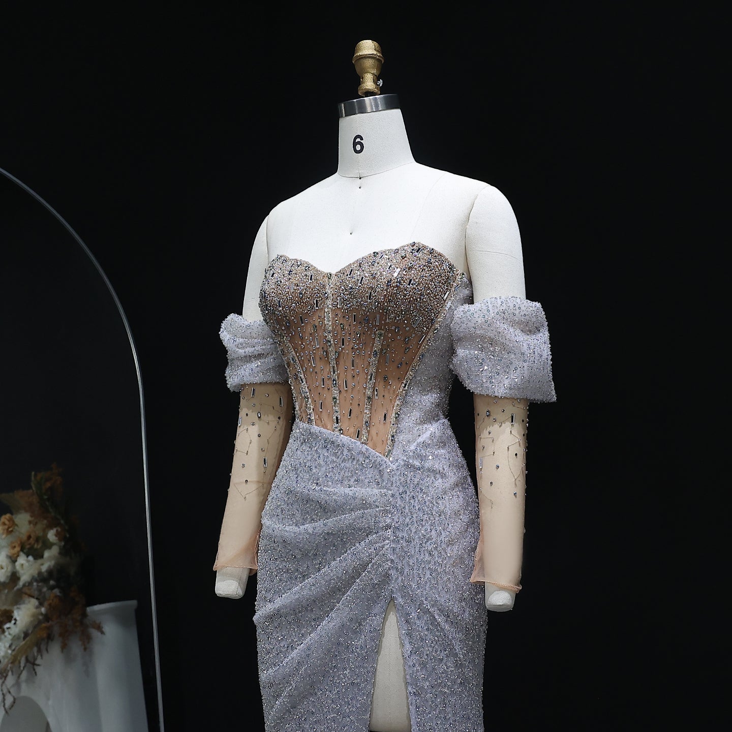 Luxury Crystal Silver Evening Dress with Sleeves Slit SS426