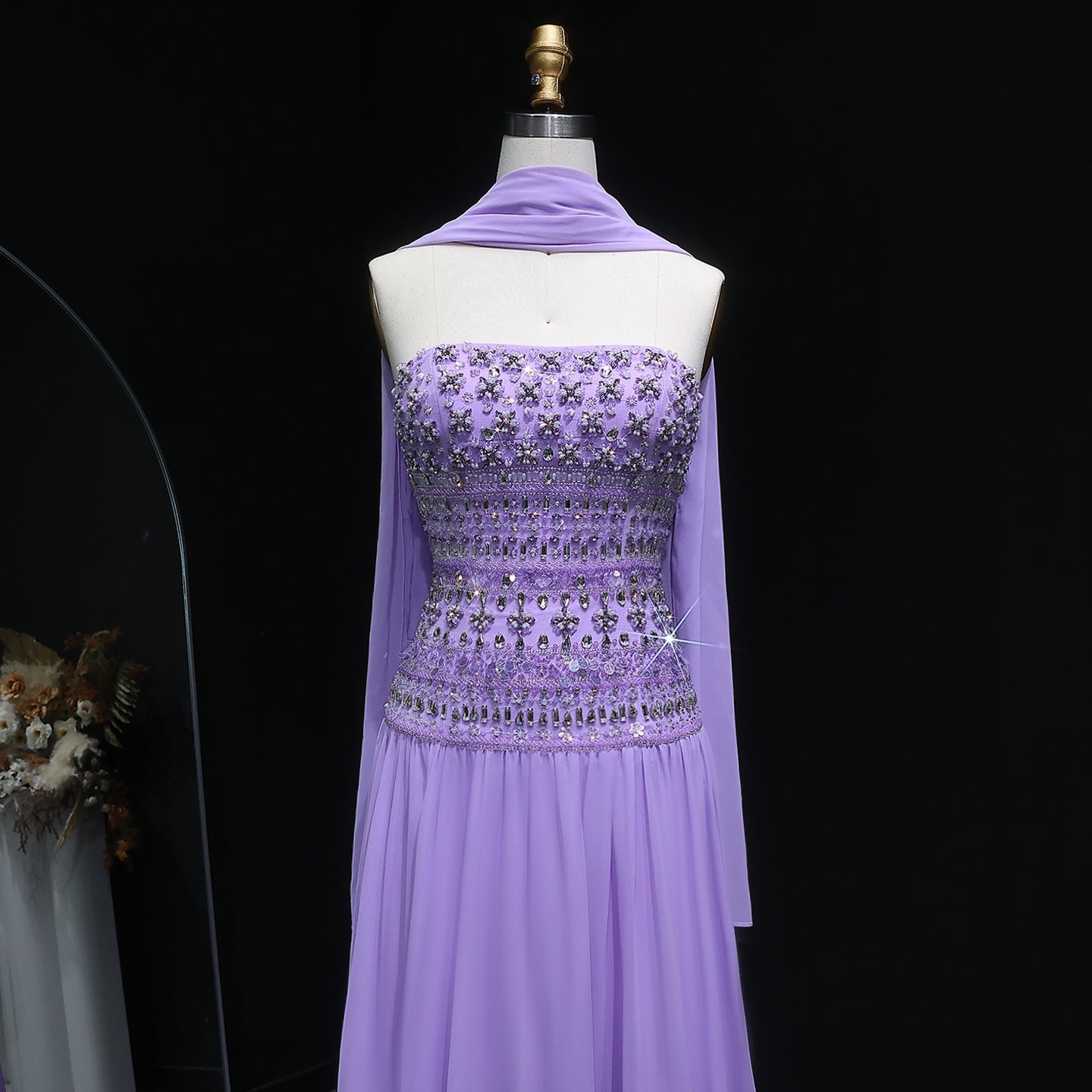 Strapless Lilac Beaded Bodice Evening Dress with Flowing Skirt SS539